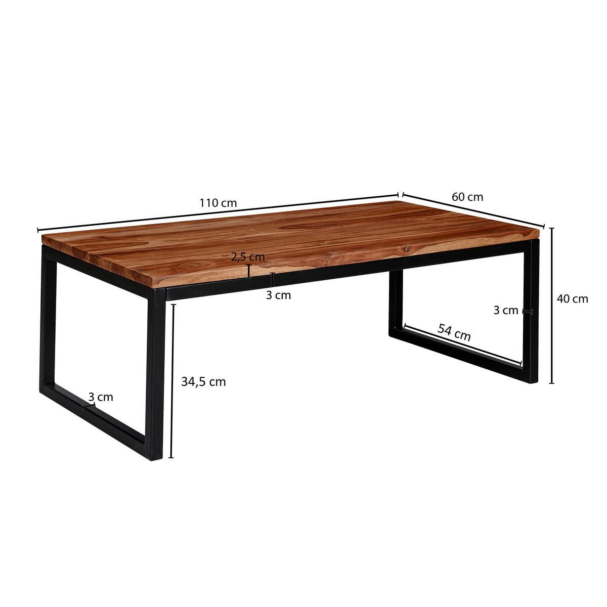 Couchtisch Holz massiv, Sheesham/Schwarz - Sheeshamfarben/Schwarz, KONVENTIONELL, Holz/Metall (110/60/40cm) - MID.YOU