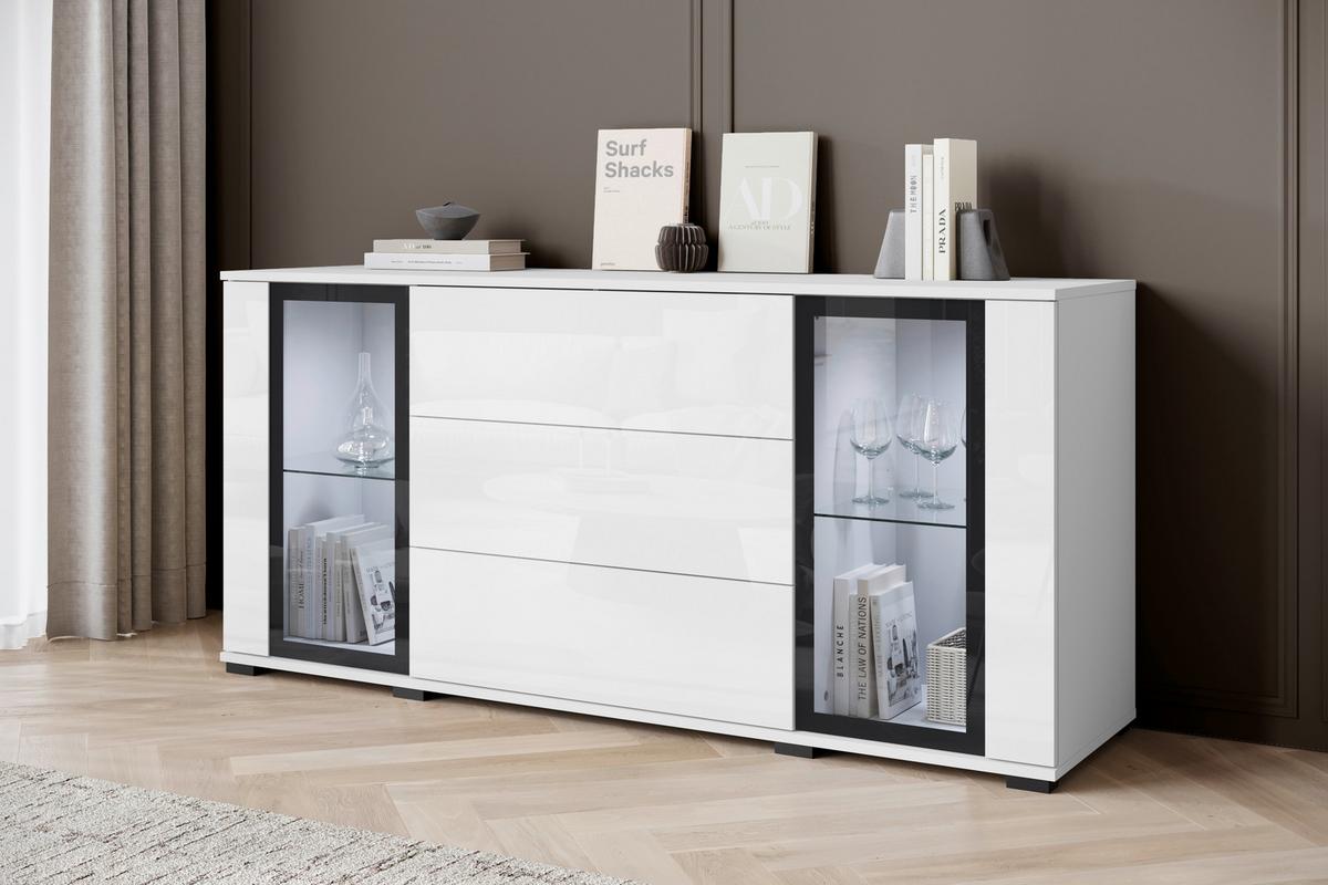 Komoda Caro, Bela, Visoki Sijaj - črna/bela, Design, umetna masa/steklo (150/69,7/39,5cm) - Livetastic