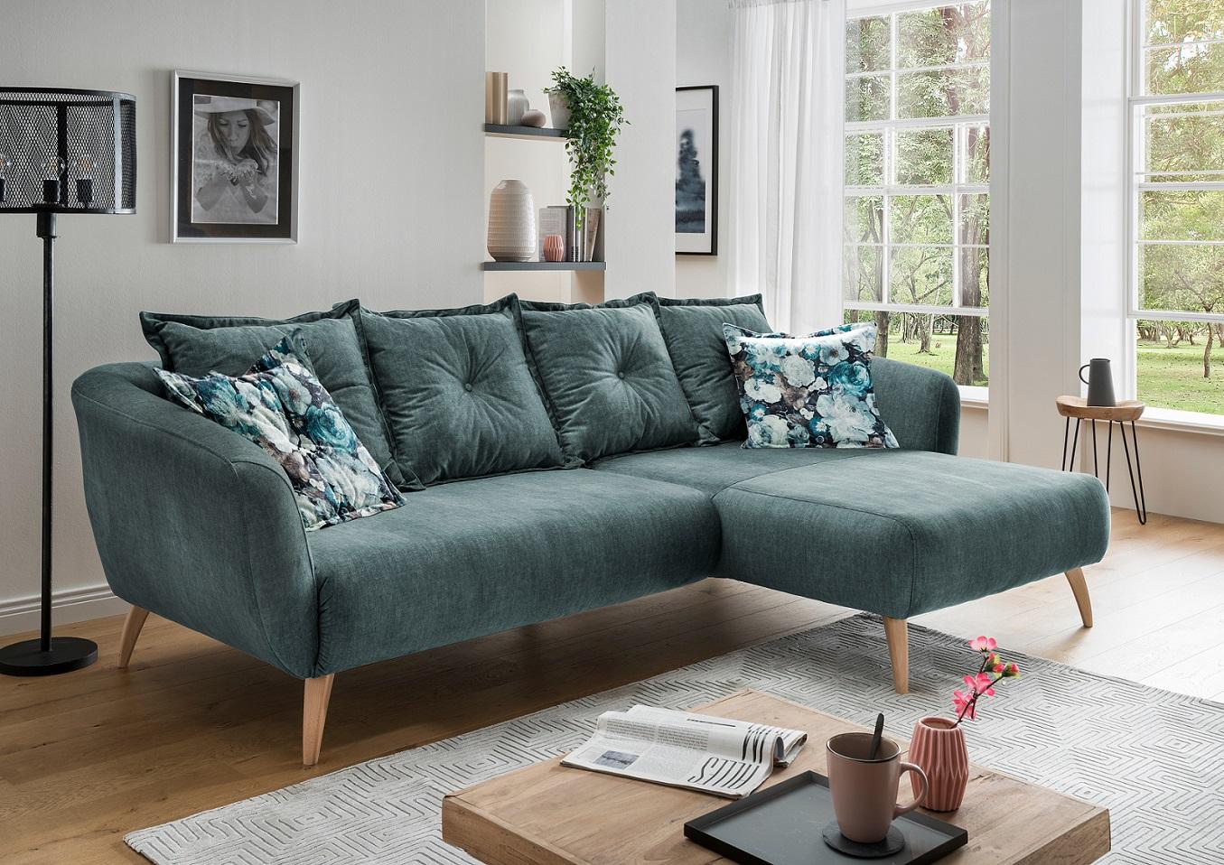 Wohnlandschaft Baggio Blau Velours - Blau/Buchefarben, MODERN, Holz/Textil (277/162cm) - Livetastic