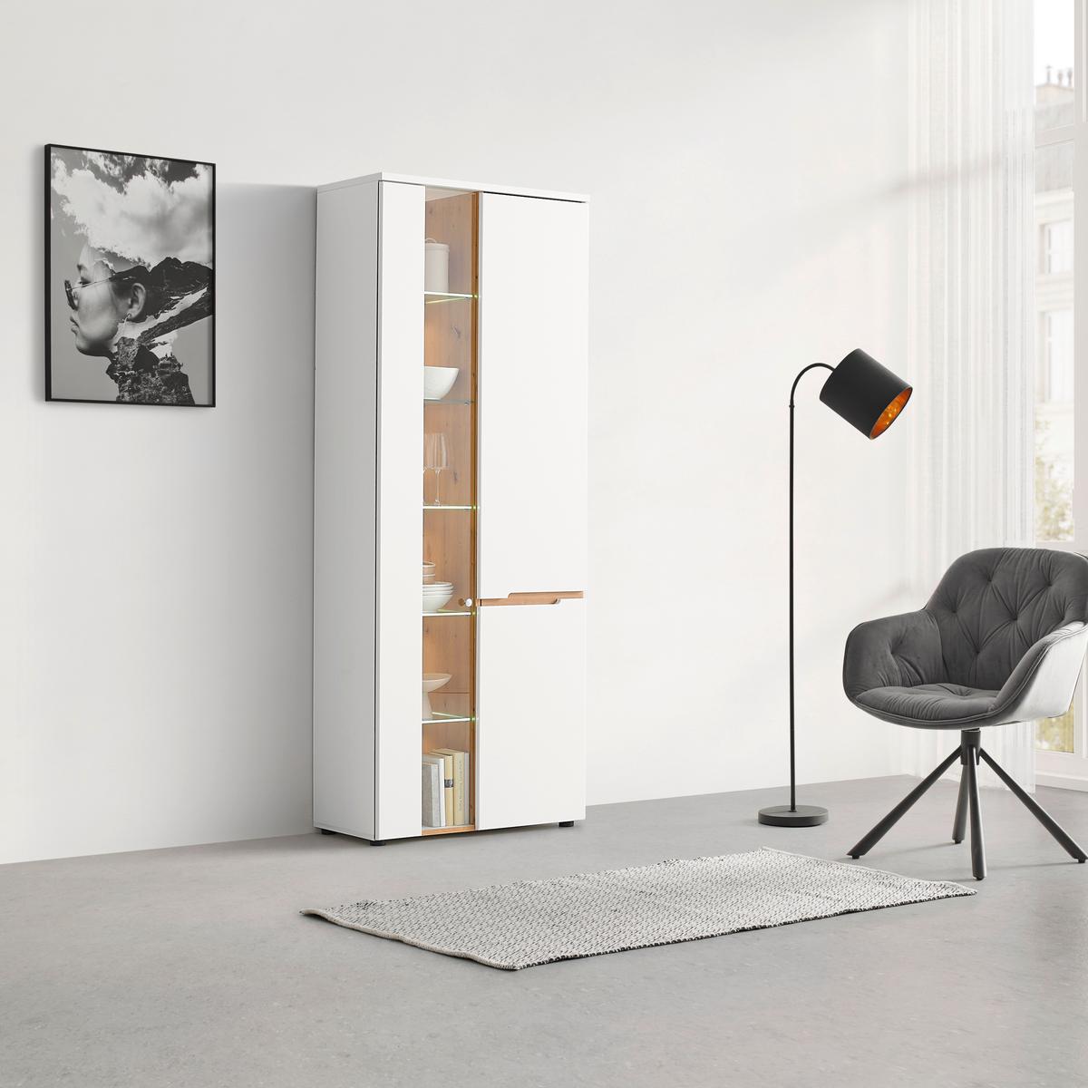 Vitrine Dallas Weiss/Eiche Artisan - Weiss/Schwarz, Modern, Holzwerkstoff (75/197/38cm) - Premium Living