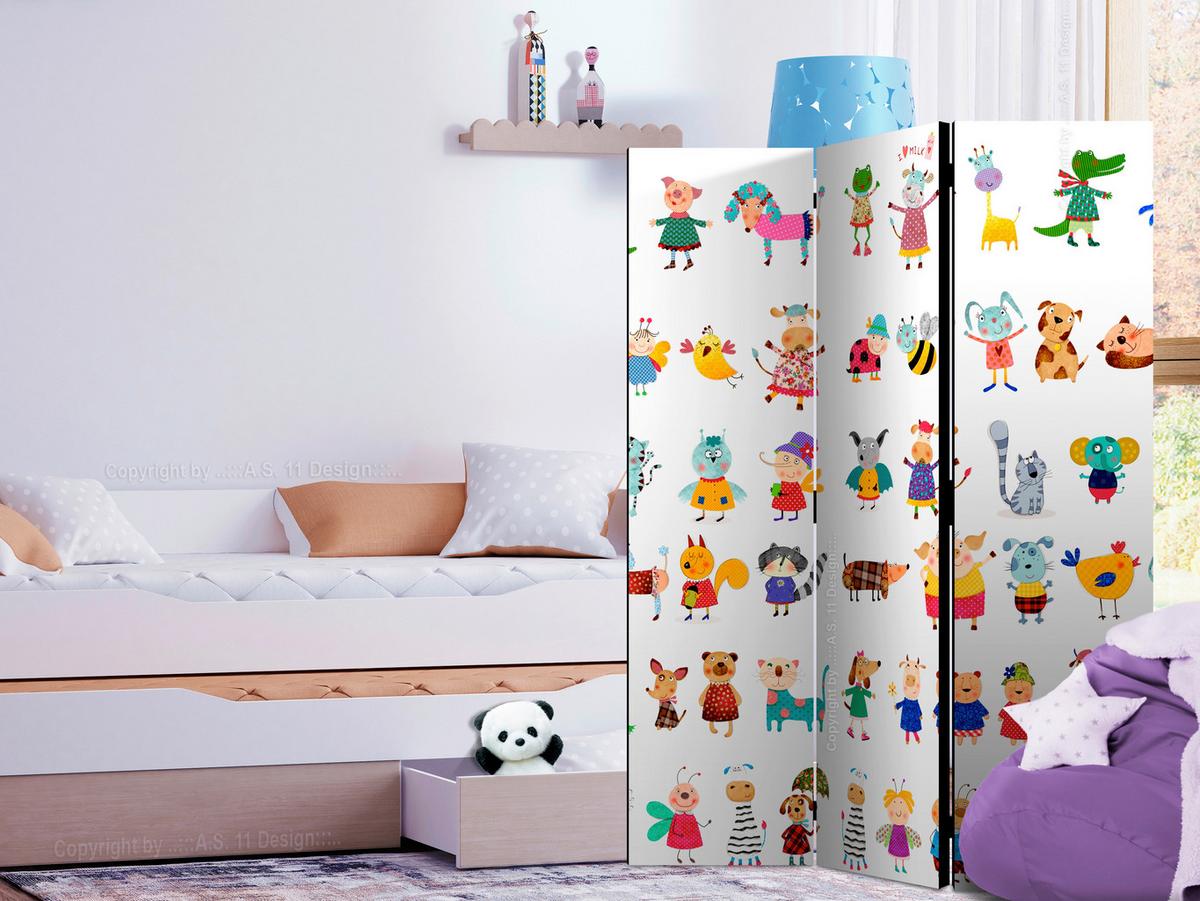 Paravan Cartoon Pets, 3-Delni, Dvostranski - bela/večbarvno, Basics, tekstil/les (135/172/3cm) - artgeist