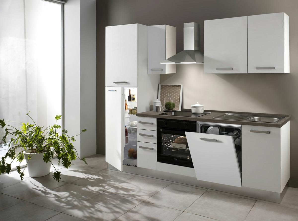 Küchenblock Belluna m. Geräten Weiß - Eiche dunkel/Alufarben, Basics, Holzwerkstoff/Kunststoff (255cm) - MID.YOU