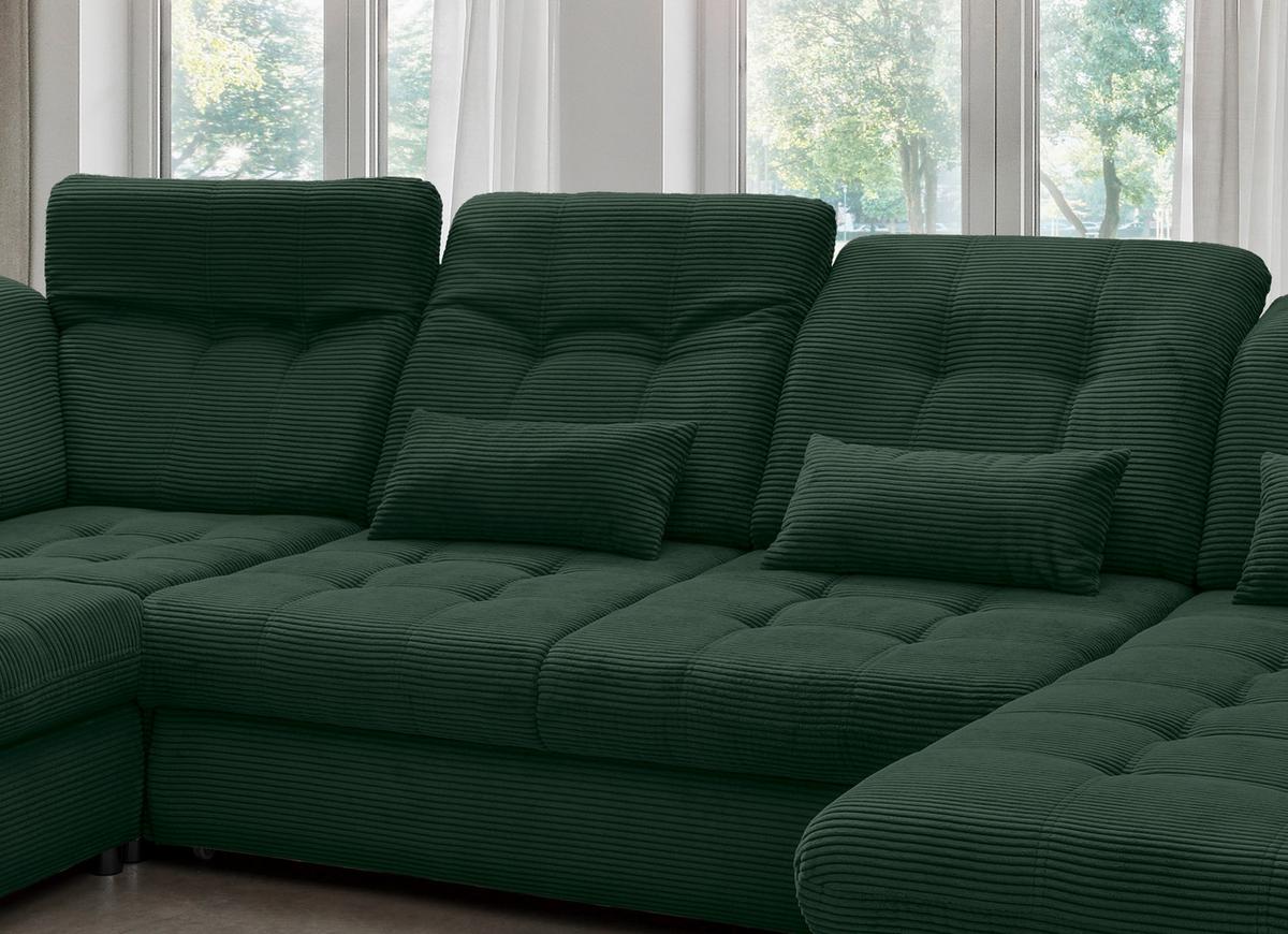 Wohnlandschaft Rigatti Dunkel Grün Cord mit Bettkasten - Dunkelgrün/Schwarz, MODERN, Textil/Metall (184/387/252cm) - Livetastic