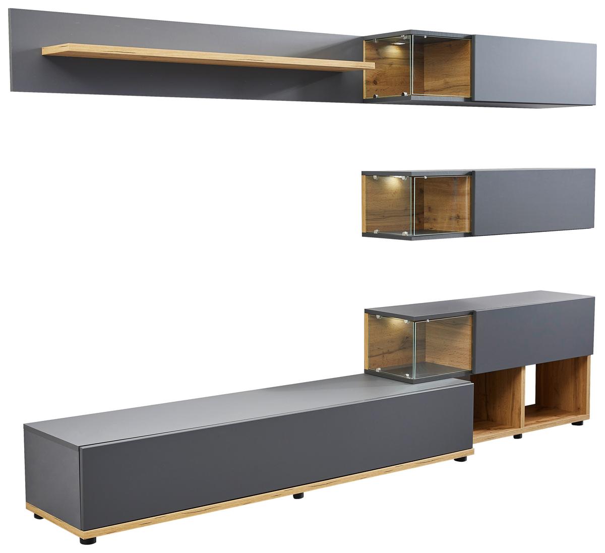 MEBLOŚCIANKA DO SALONU SILK - kolor dębowy/antracytowy, Modern, materiał drewnopochodny/tworzywo sztuczne (240/150/40cm) - Livetastic