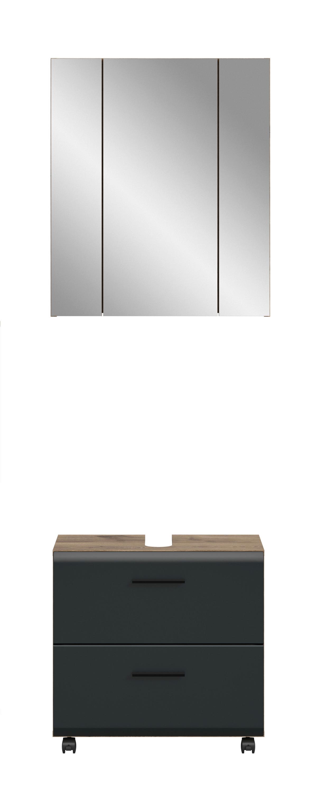 Badezimmer Ice Schwarz/Eiche dunkel 2-teilig - Eiche dunkel/Schwarz, Trend, Glas/Holzwerkstoff (60cm) - MID.YOU