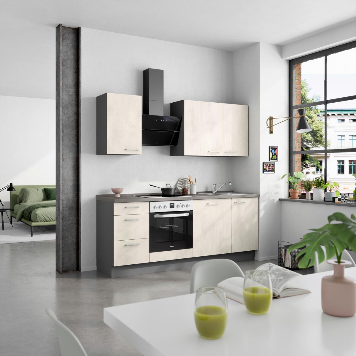 Küchenblock Riva High m. Geräten Weiß - Schieferfarben/Edelstahlfarben, MODERN, Holzwerkstoff/Metall (210cm) - Nobilia