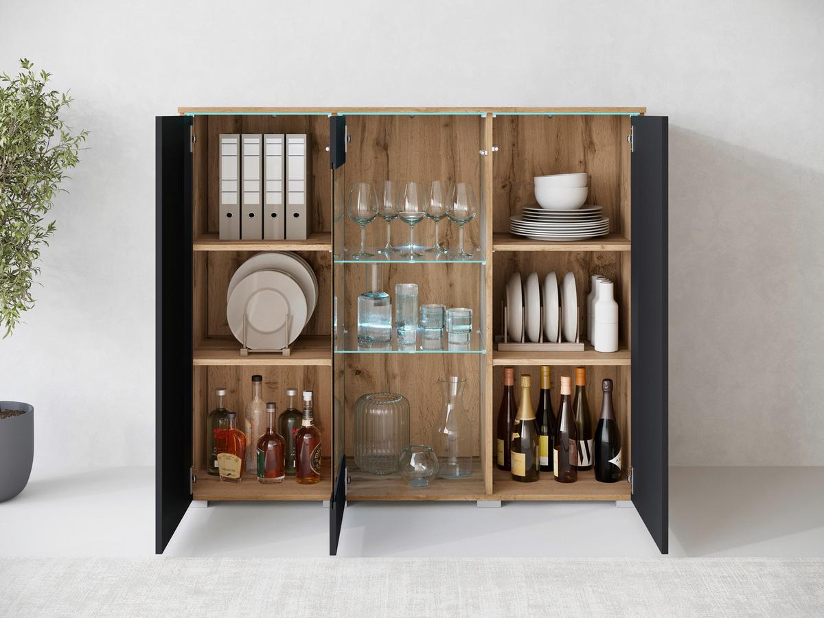 Visoka Komoda Vera 120, Črna, Barva Hrasta - hrast wotan/črna, Trend, umetna masa/steklo (120/103,3/39,5cm) - P & B