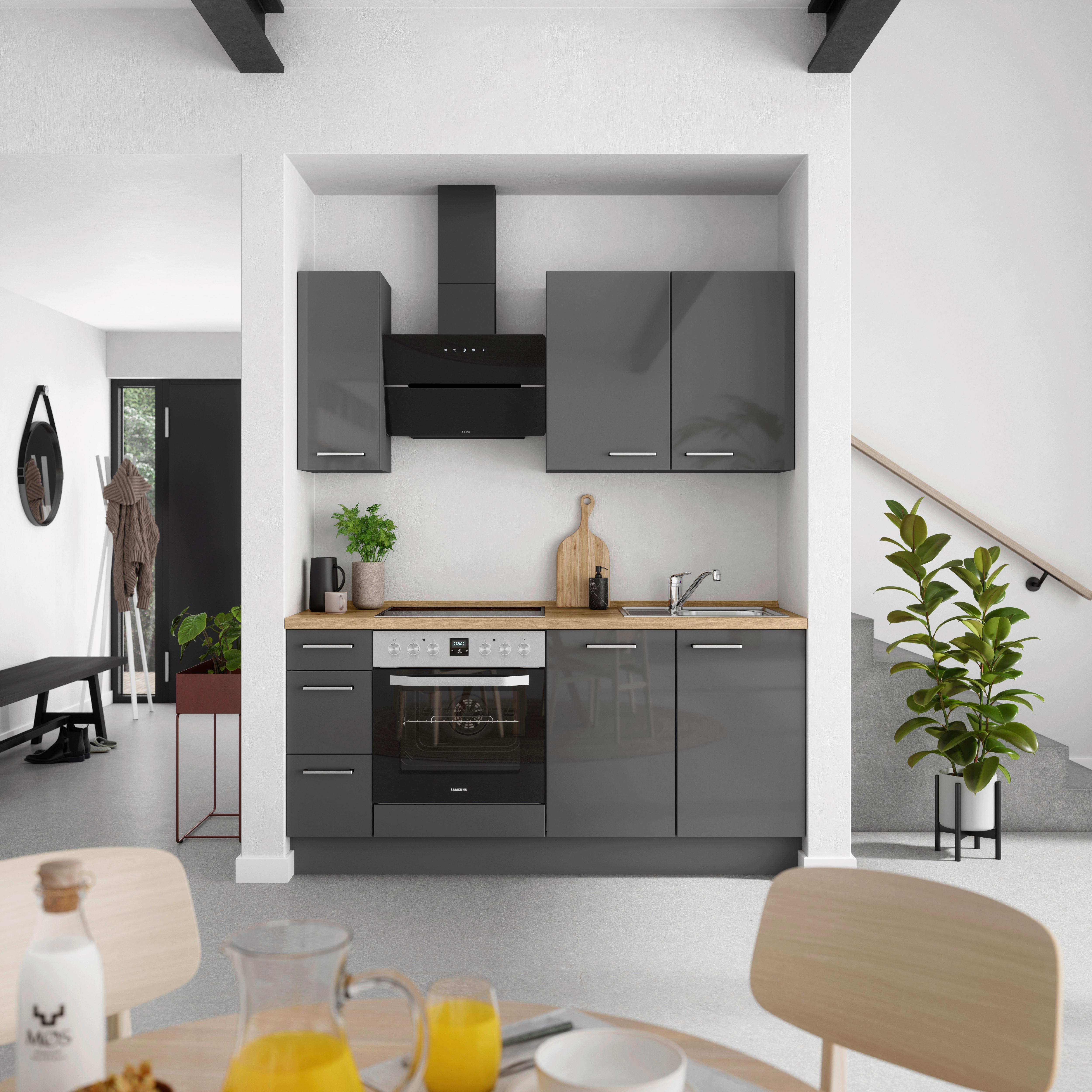 Küchenblock Flash m. Geräten Schieferfarben - Schieferfarben/Edelstahlfarben, MODERN, Holzwerkstoff/Metall (180cm) - Nobilia