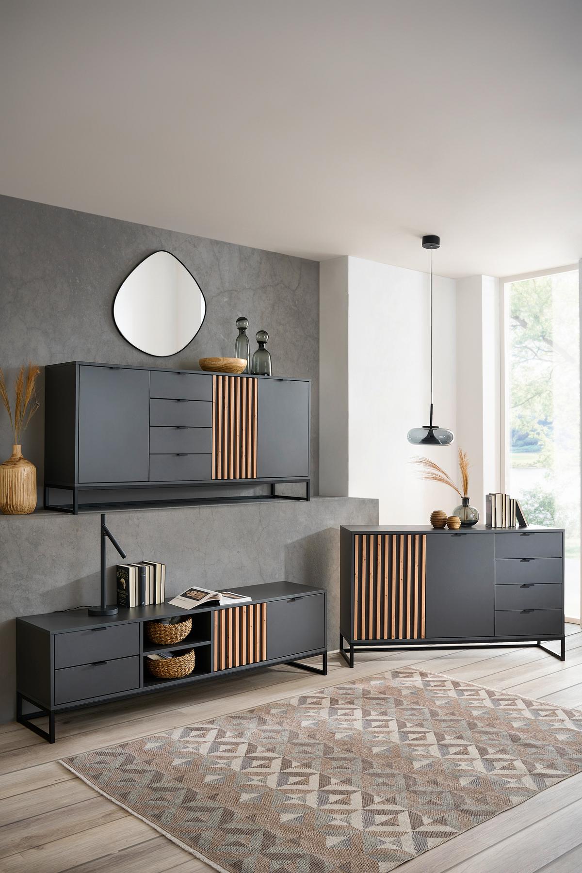 KOMODA SZEROKA PHIL -EXKLUSIV- - czarny/kolor grafitowy, Modern, materiał drewnopochodny/metal (177,1/85,4/40cm) - Voleo