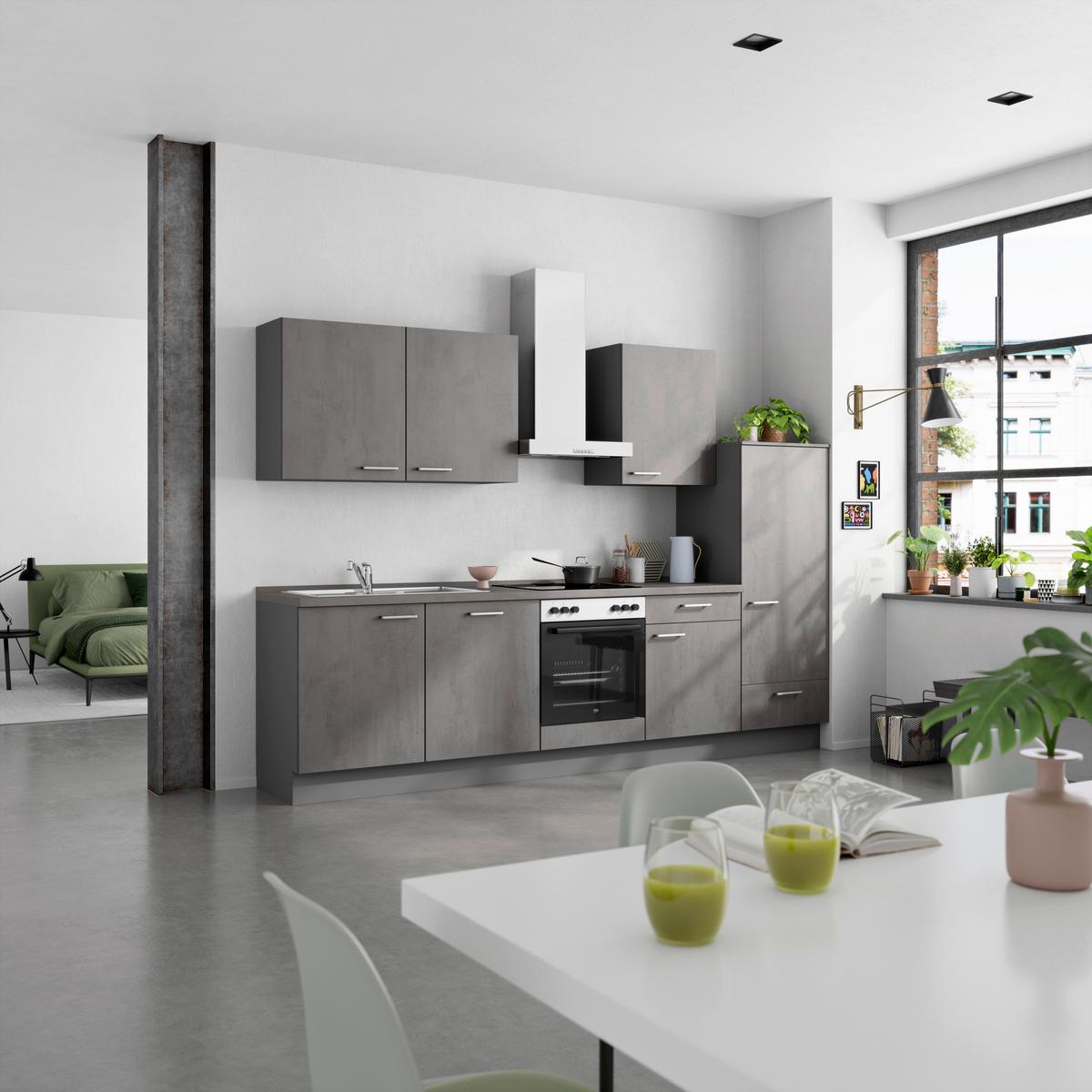 Küchenblock Riva Low m. Geräten Schieferfarben - Schieferfarben/Edelstahlfarben, MODERN, Holzwerkstoff/Metall (300cm) - Nobilia