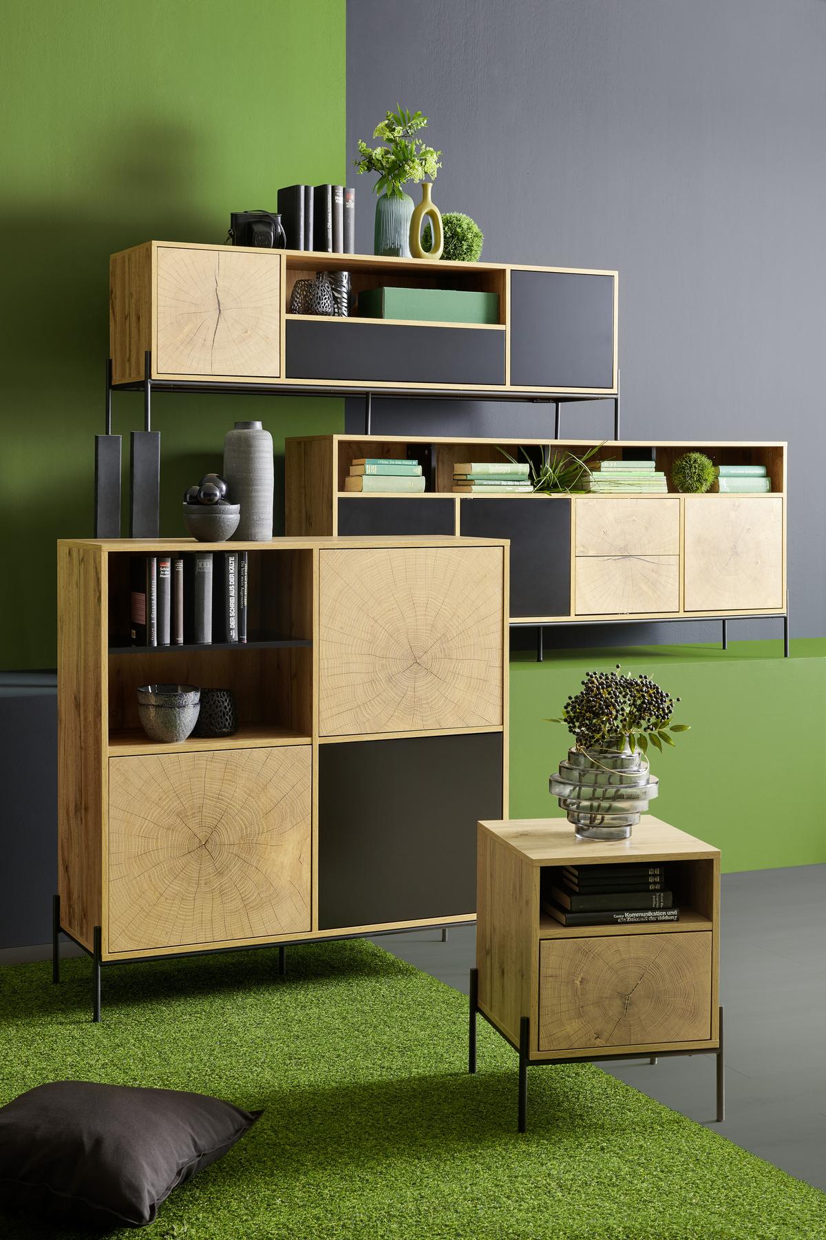 SZAFKA NOCNA LIVI - kolor dębowy/czarny, Design, materiał drewnopochodny/metal (44/55/40cm) - Carryhome