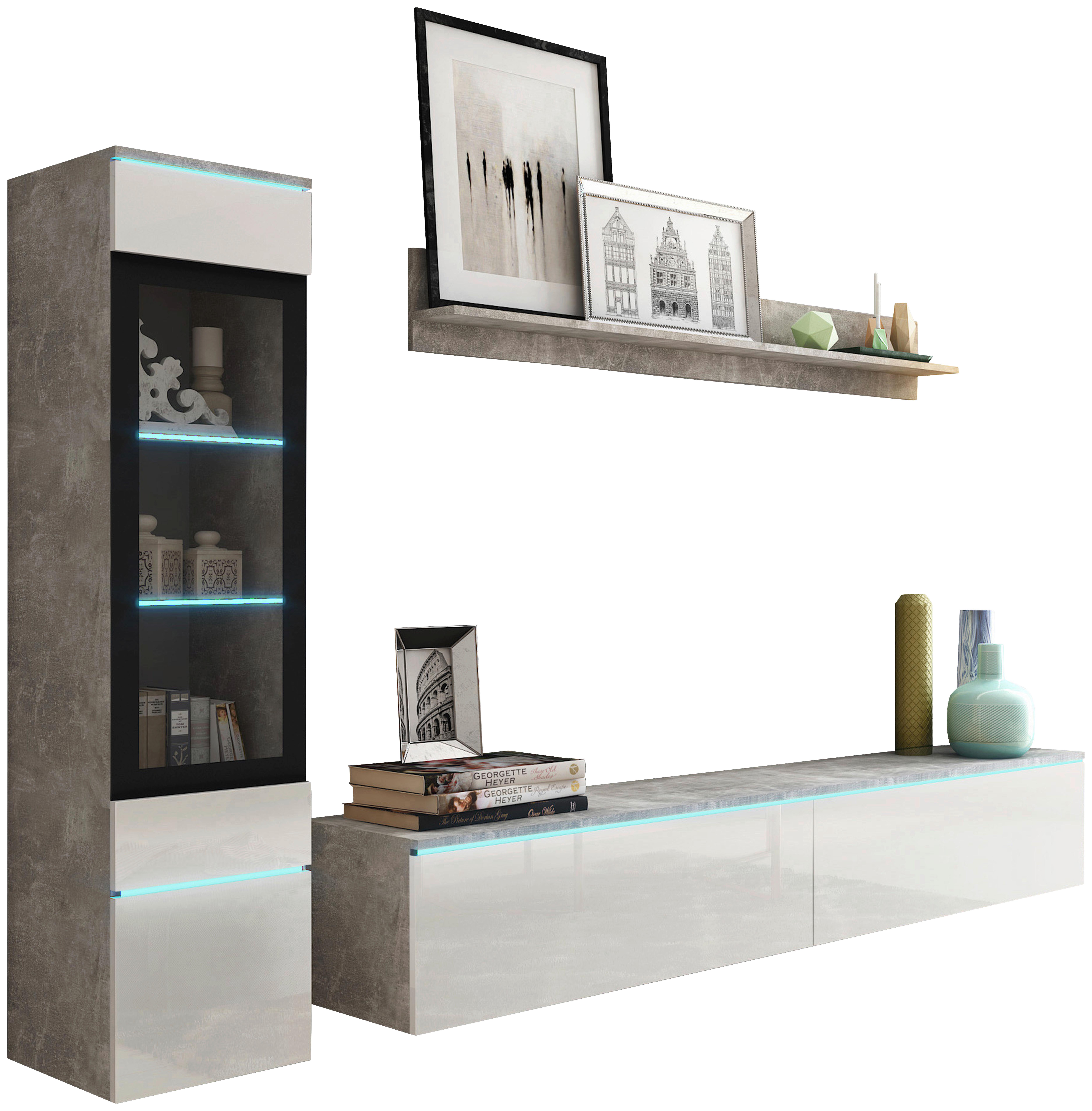 WOHNWAND VERA | BETONOPTIK/WEISS HG. - Weiß Hochglanz/Grau, LIFESTYLE, Glas/Holzwerkstoff (210/130/33cm) - P & B