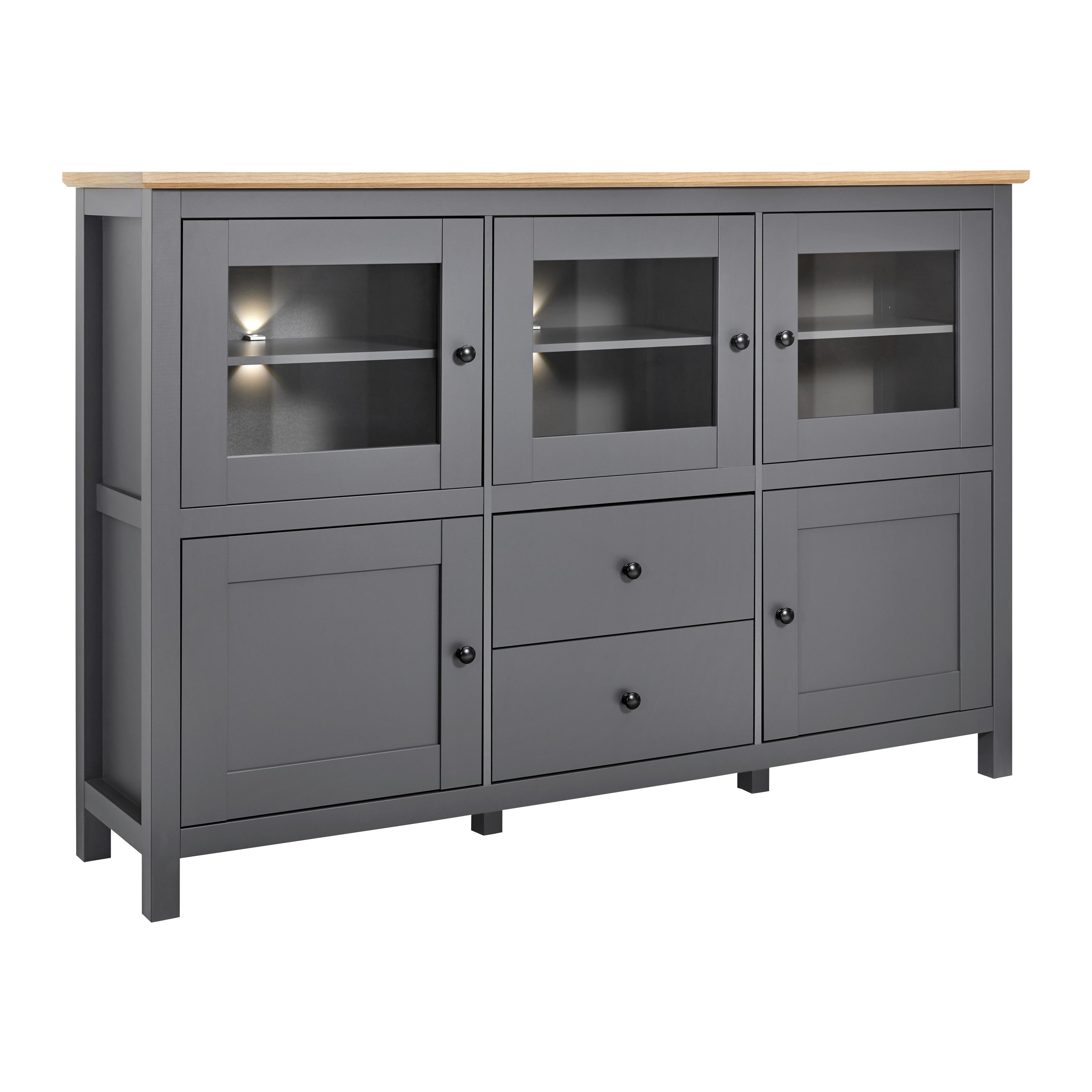 Sideboard Claudio Dunkelgrau/Eiche MDF - Dunkelgrau/Schwarz, MODERN, Glas/Holz (186/126/44cm) - Bessagi Home