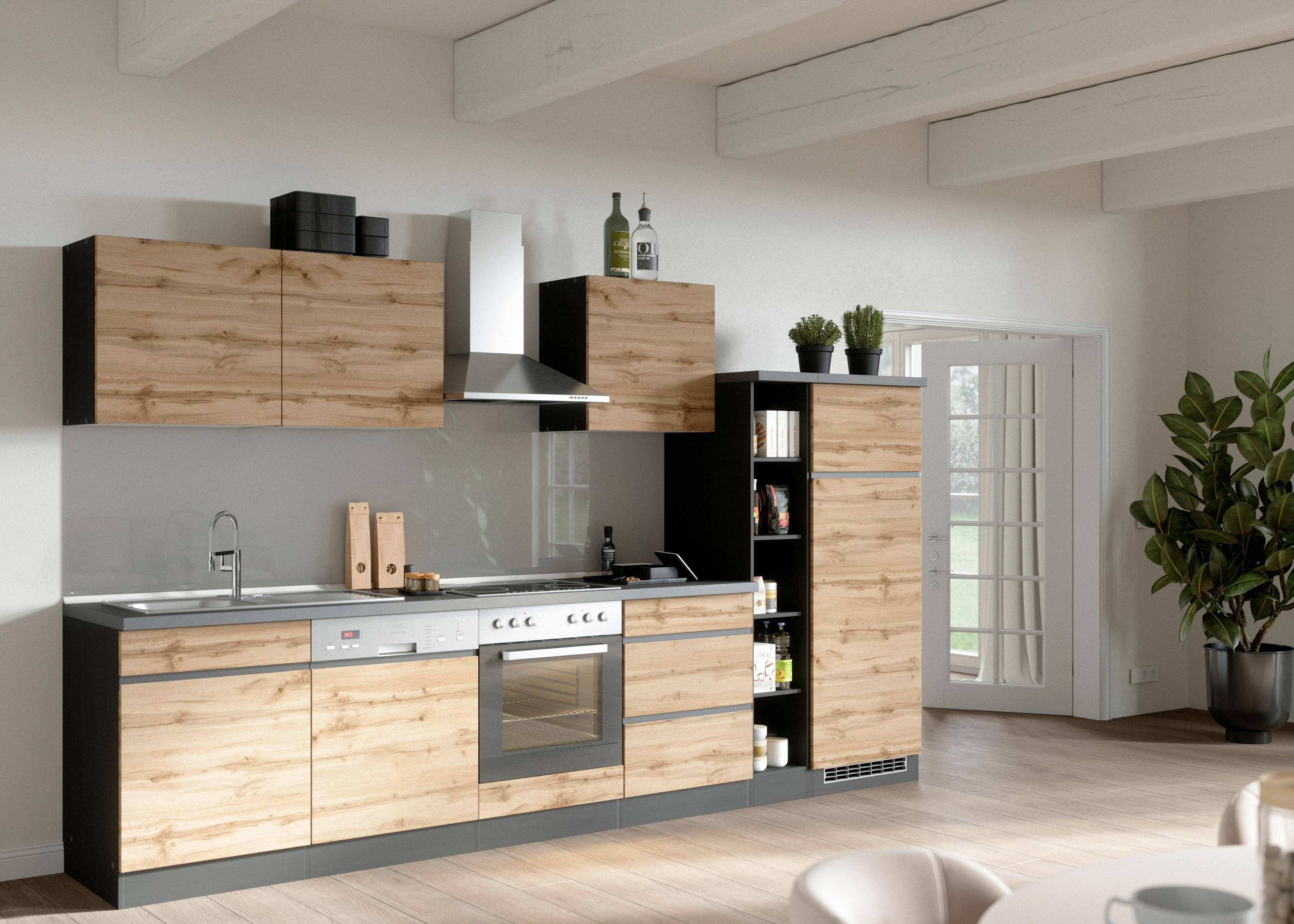 Küchenzeile Turin mit Geräten ca. 330 cm Graphit/Eiche - Eiche Wotan/Graphitfarben, Design, Holzwerkstoff (330cm) - Held