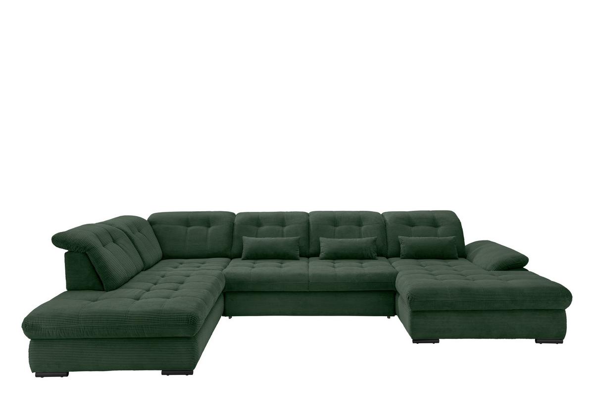 Wohnlandschaft Rigatti Dunkel Grün Cord mit Bettkasten - Dunkelgrün/Schwarz, MODERN, Textil/Metall (252/387/184cm) - Livetastic