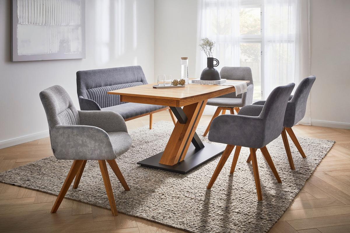 KRZESŁO Z PODŁOKIETNIKAMI VERONA - kolor dębowy/ciemnoszary, Konventionell, drewno/tkanina (61/88/69cm) - Linea Natura