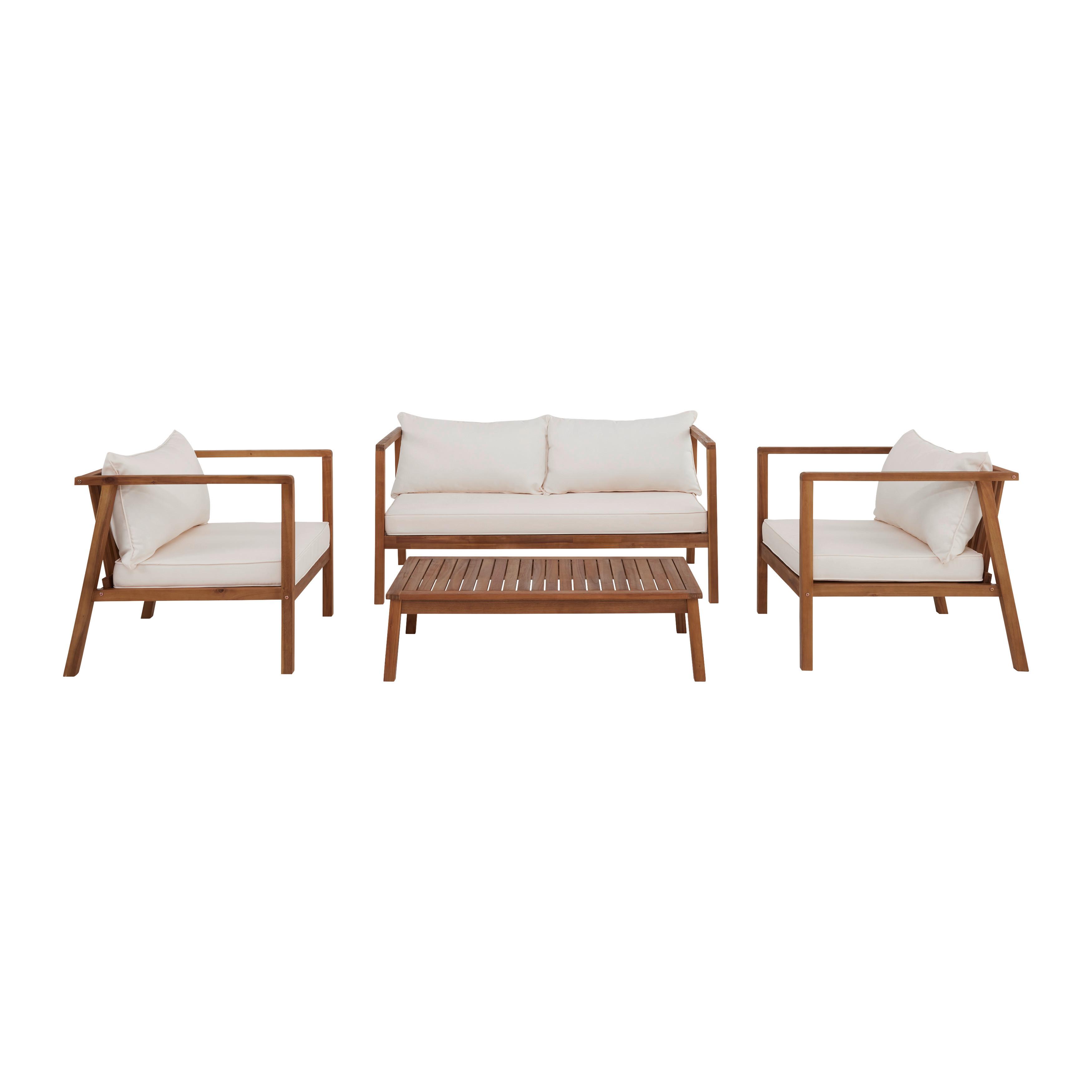 Loungegarnitur Pia Weiß Akazie/Outdoorstoff - Naturfarben/Akaziefarben, MODERN, Holz/Textil (150/70/79cm) - Bessagi Garden
