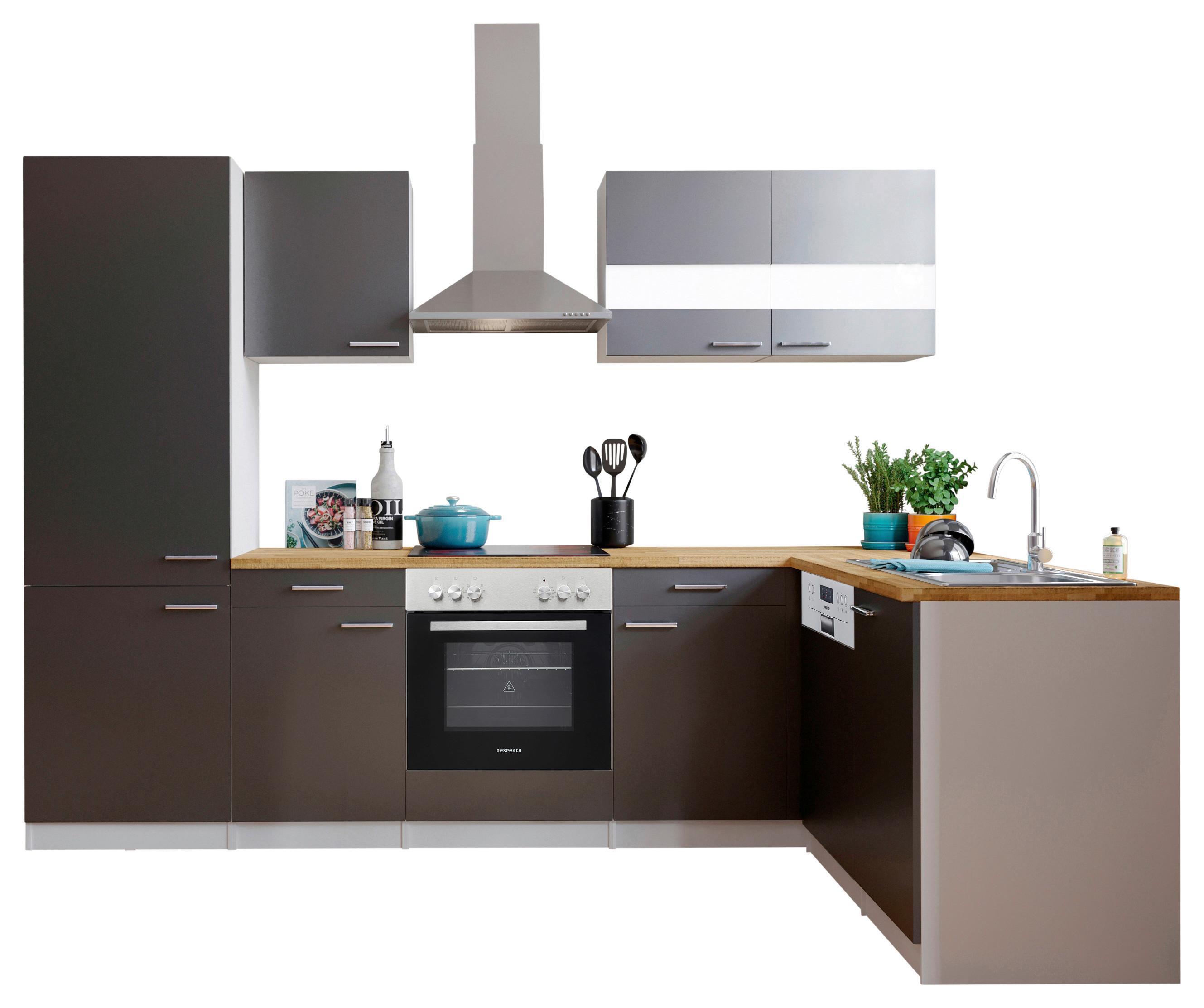 Eckküche Malia mit Geräten ca. 280x172 cm Grau - Edelstahlfarben/Nussbaumfarben, Basics, Holzwerkstoff/Metall (280/172cm) - Respekta