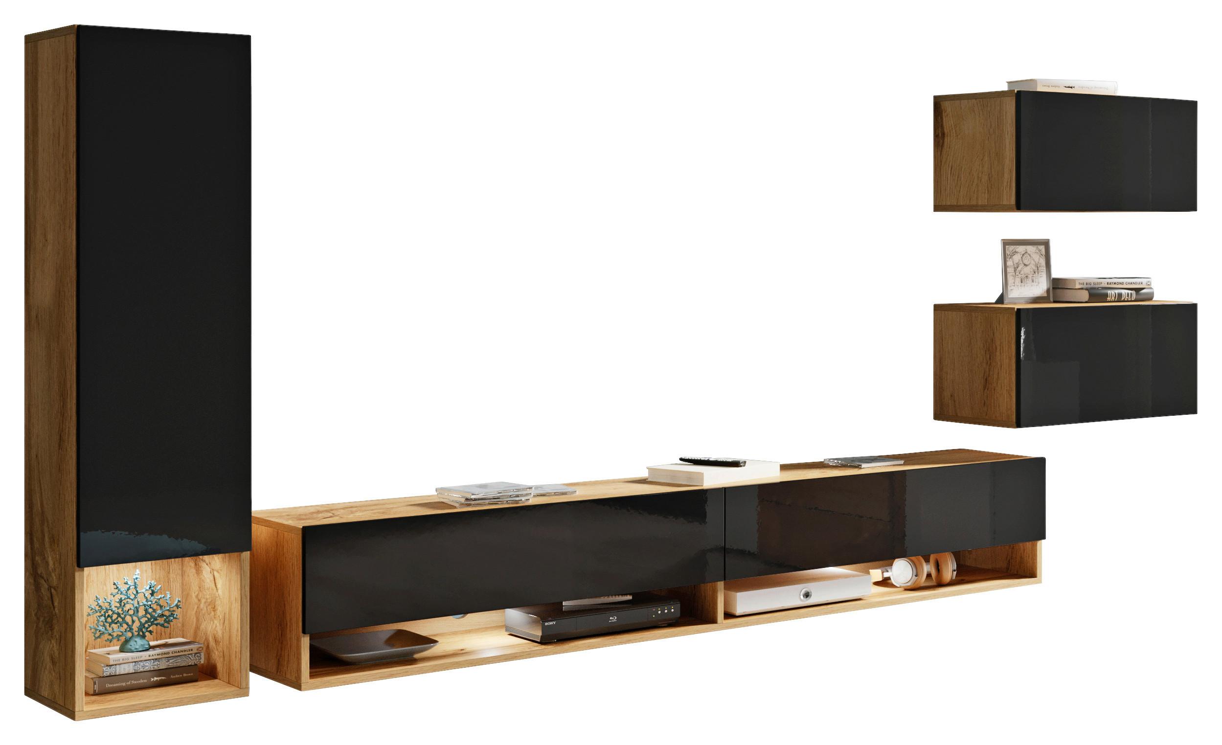 WOHNWAND AMADEO SCHWARZ 4-TEILIG - Schwarz Hochglanz/Weiß Hochglanz, LIFESTYLE, Holzwerkstoff (270/130/32,5cm) - P & B