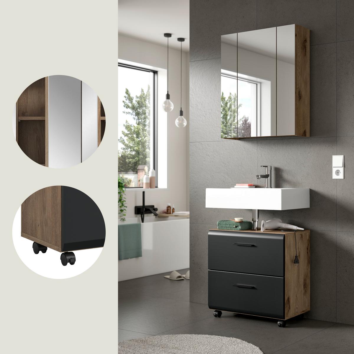 Badezimmer Ice Schwarz/Eiche dunkel 2-teilig - Eiche dunkel/Schwarz, Trend, Glas/Holzwerkstoff (60cm) - MID.YOU