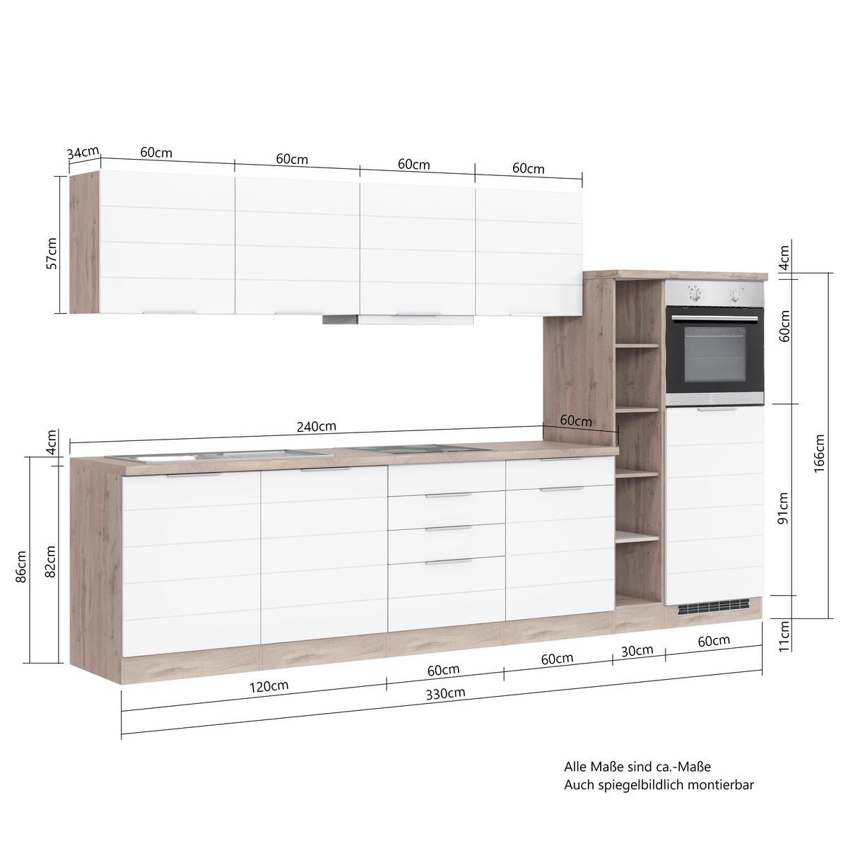 Küchenblock Florenz mit Geräten ca. 330 cm Weiß/Eiche - Eiche Wotan/Weiß, Design, Holzwerkstoff/Metall (330cm) - Held