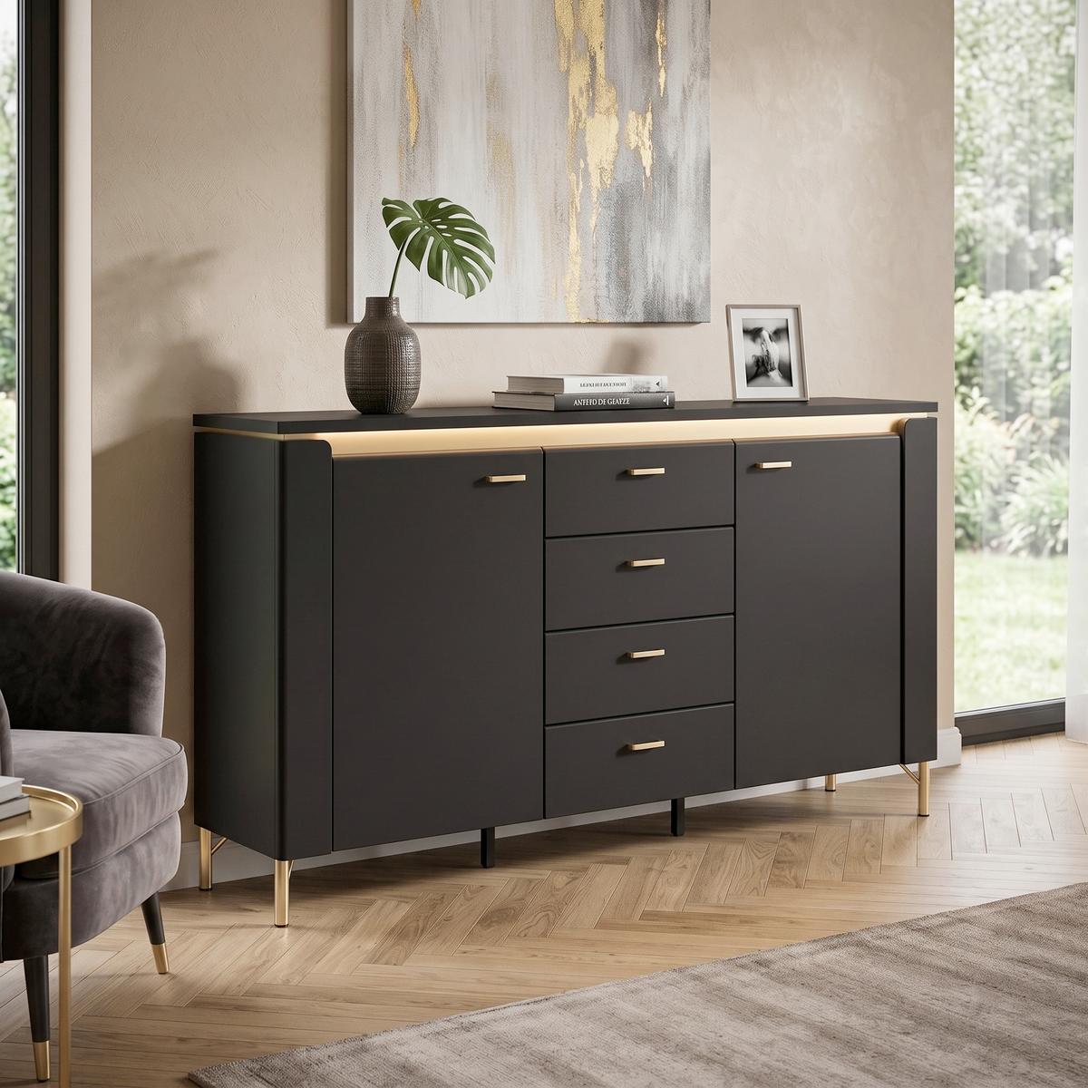 Kommode Norica Goldfarben/Schwarz B: 155,3 cm - Goldfarben/Schwarz, Trend, Holzwerkstoff/Metall (155,3/87,3/40cm)