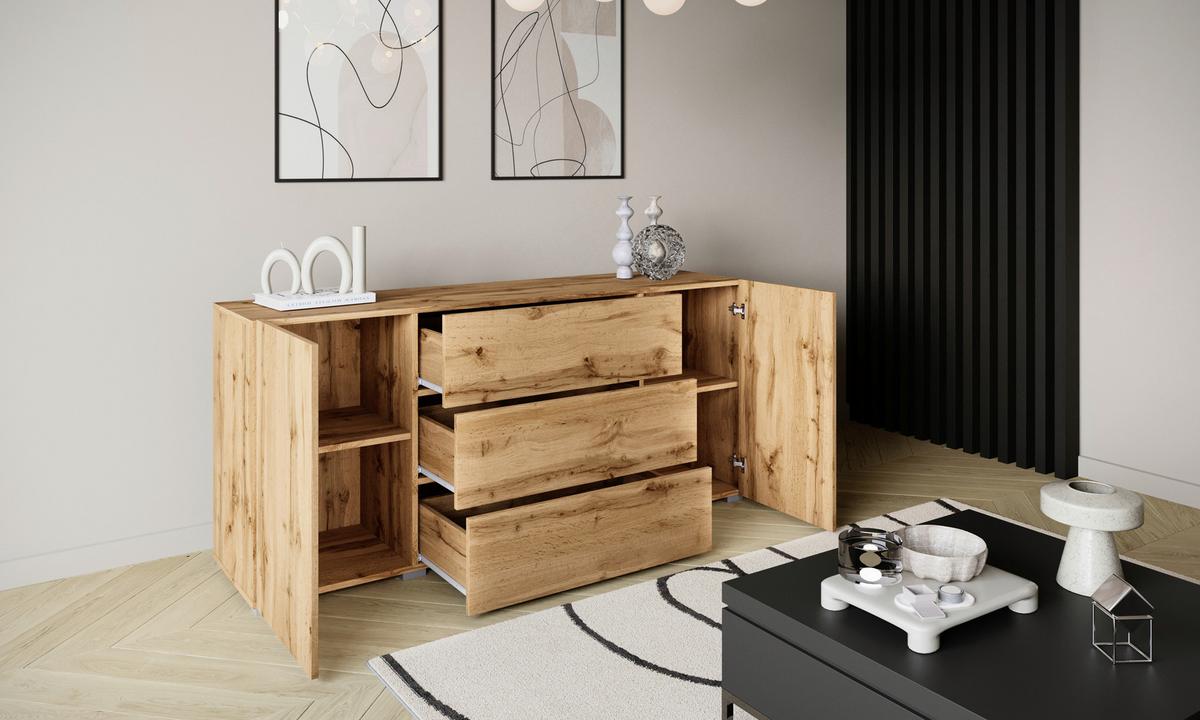 Sideboard 150cm Berlin 150 Wotan Eiche Dekor - Eiche Wotan/Grau, Design, Holzwerkstoff/Kunststoff (150/68/38,5cm) - P & B