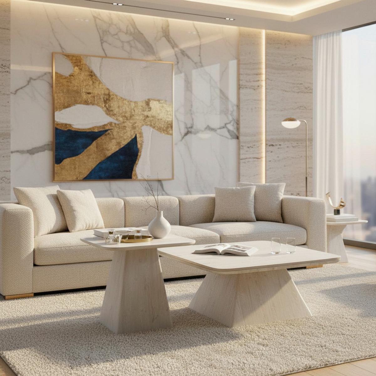 STOLIK KAWOWY THIAGO - kremowy, Modern, kamień/materiał drewnopochodny (55/34/55/34/32/46cm) - Bessagi Home