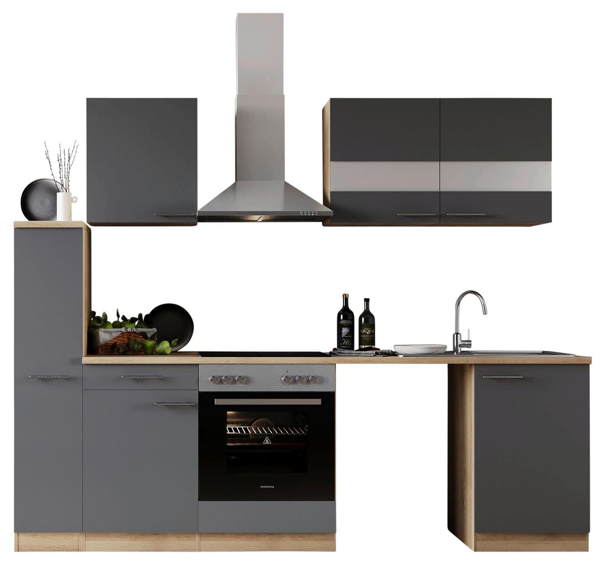 Küchenblock Merle m. Geräten Grau - Edelstahlfarben/Eichefarben, Basics, Glas/Holzwerkstoff (250cm) - Respekta