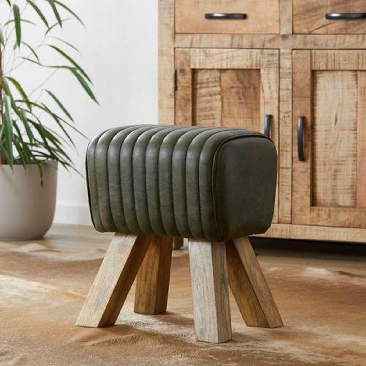 Hocker aus Leder/Mangoholz massiv - Naturfarben/Grün, Lifestyle, Leder/Holz (27/46/38cm) - Mömax
