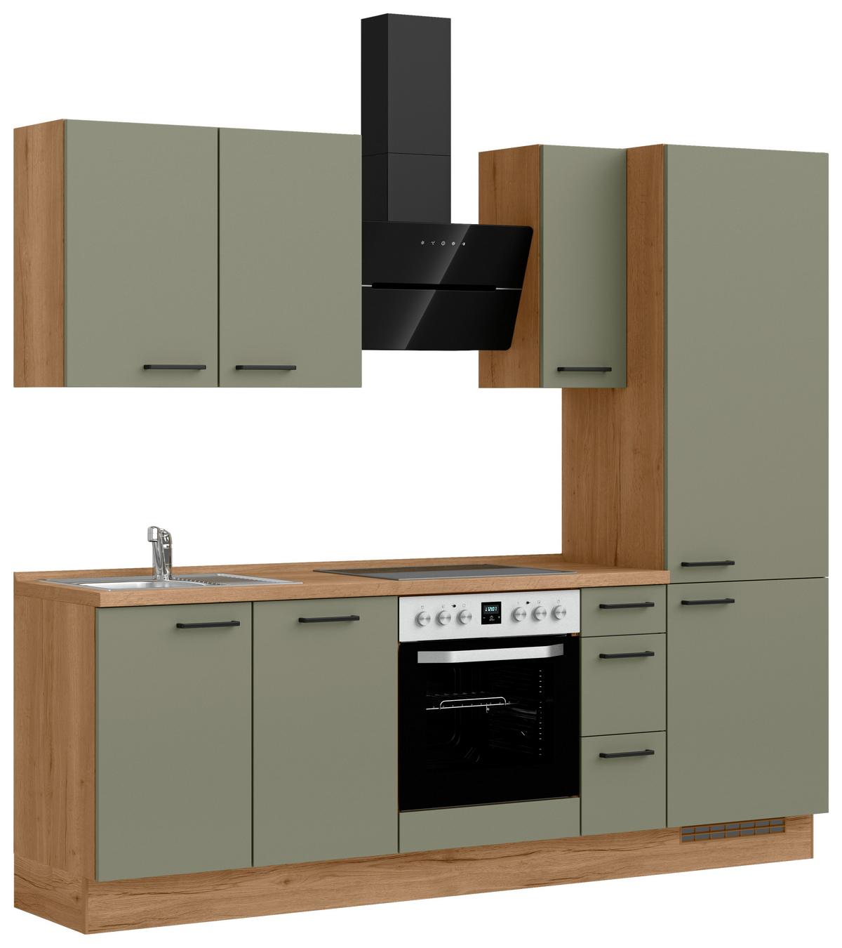 Küchenleerblock Senso High o. Geräte Olivgrün - Eichefarben/Schwarz, ROMANTIK / LANDHAUS, Holzwerkstoff/Metall (240cm) - Nobilia