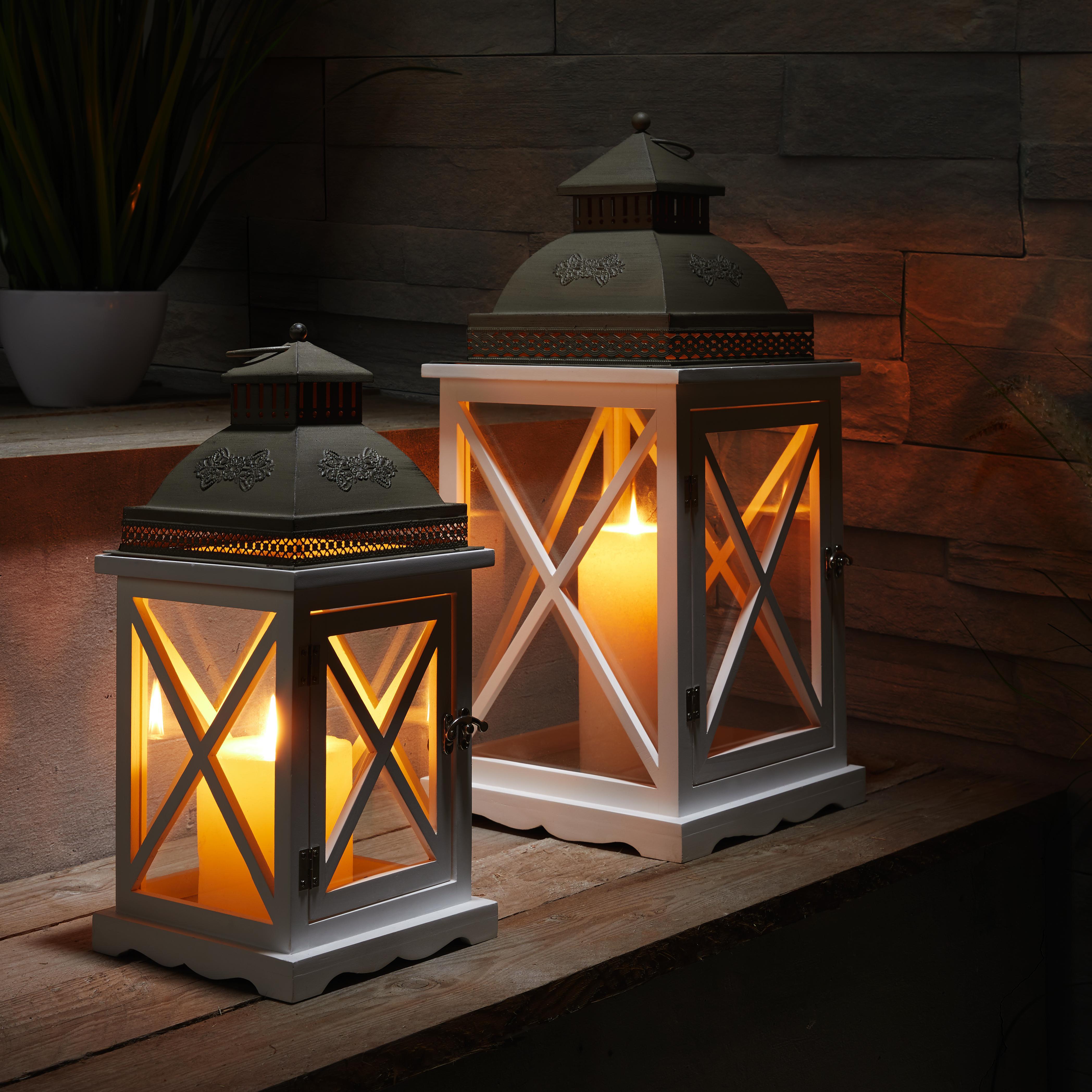 Laternenset in Weiß/Grau Pinienholz 2-teilig 'Mats' - Weiß/Grau, MODERN, Glas/Holz - Bessagi Home