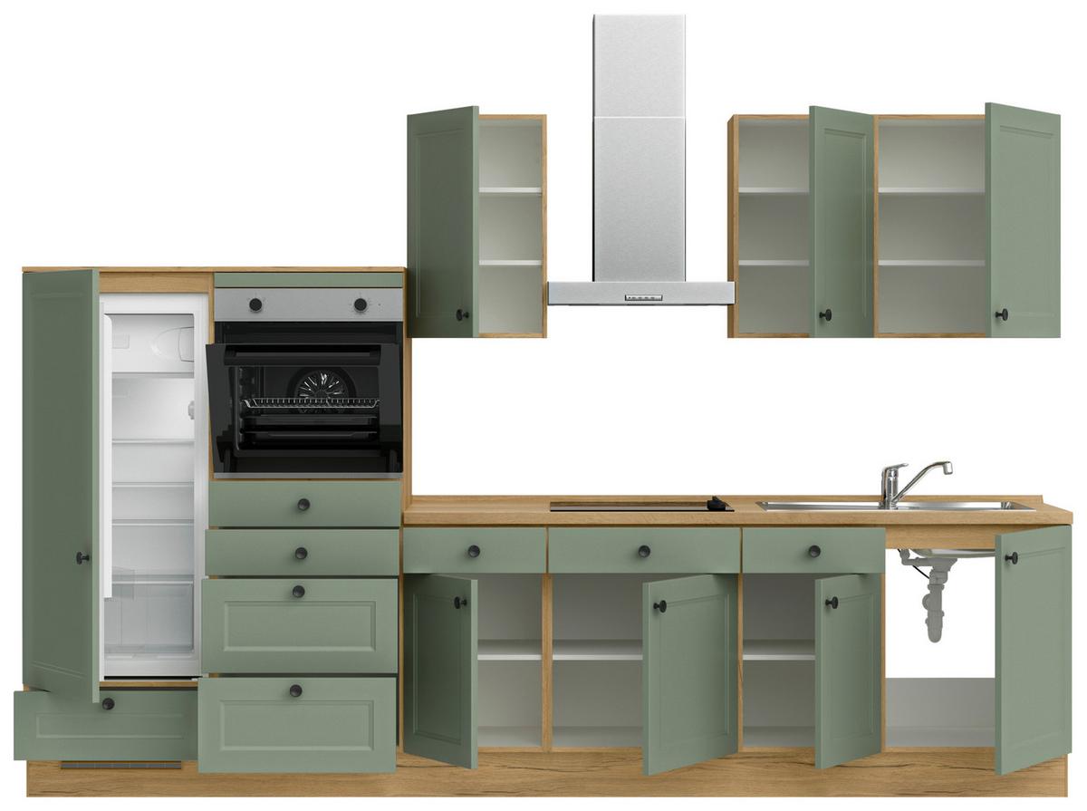 Küchenblock Cascada Low m. Geräten Schilfgrün - Schilfgrün/Eichefarben, MODERN, Holzwerkstoff/Metall (330cm) - Nobilia