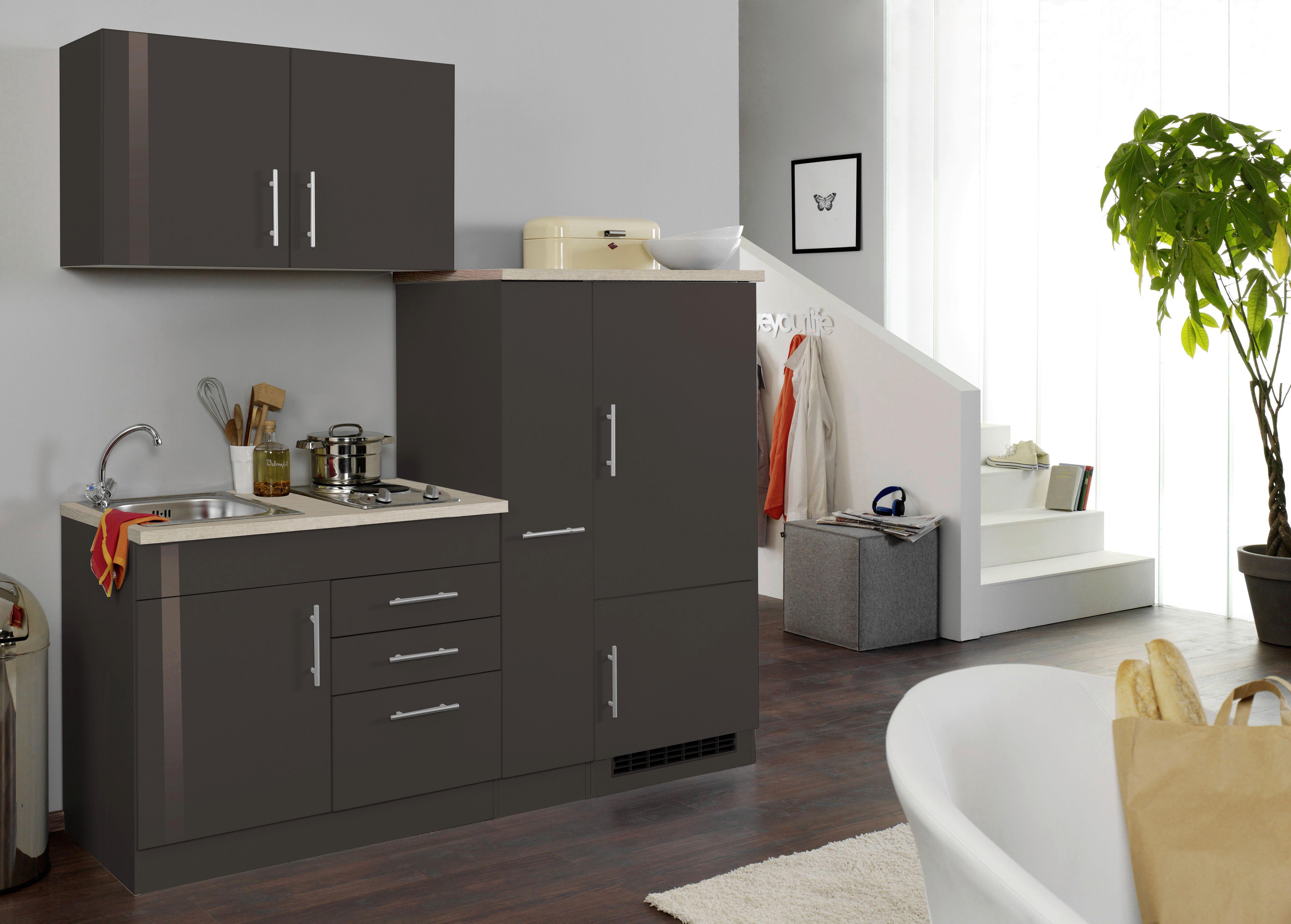 Küchenblock Toronto II m. Geräten Grau Hochglanz - Chromfarben/Grau Hochglanz, MODERN, Holzwerkstoff/Metall (190cm) - Held