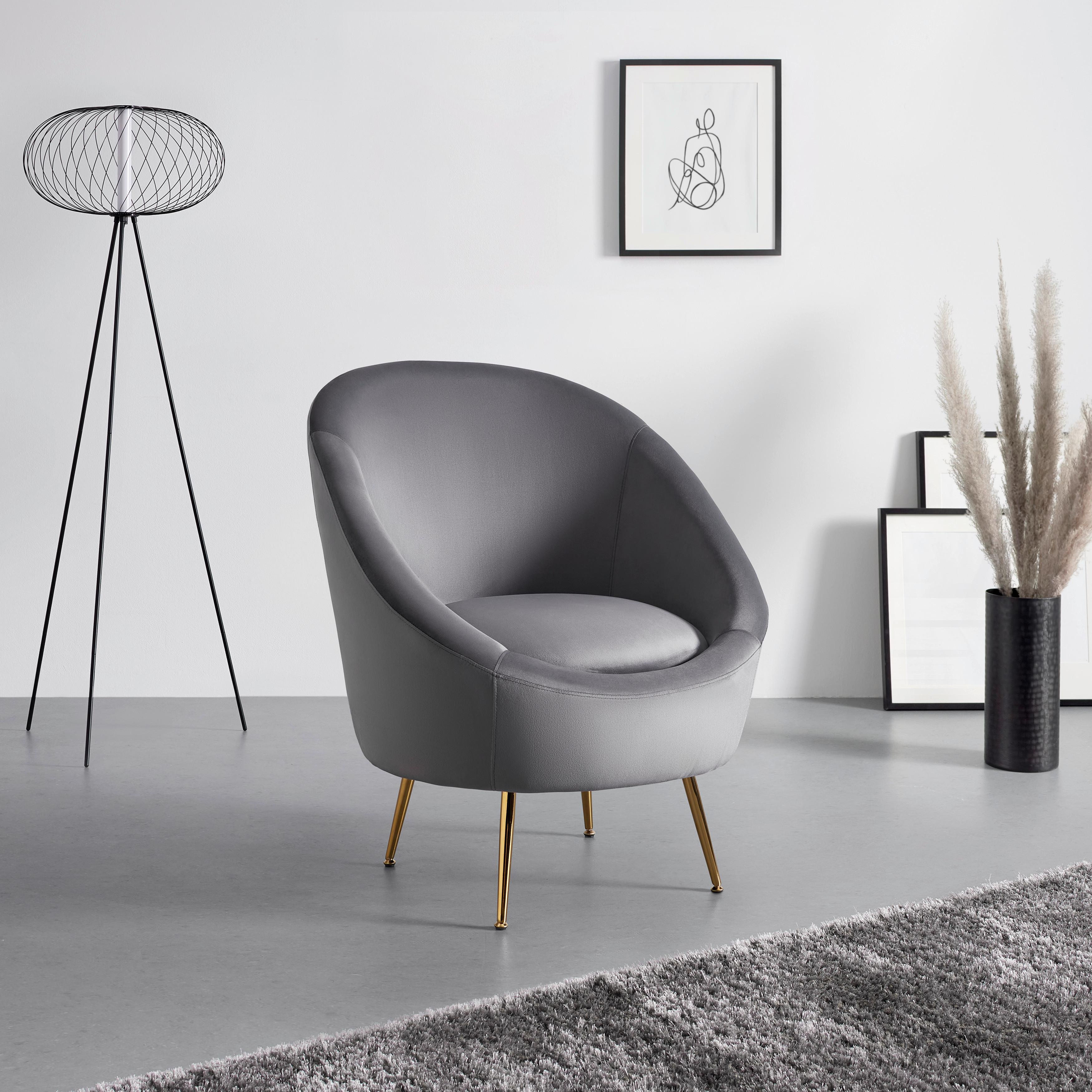 Sessel Lou ca. 80x92x75 cm Grau Samt - Goldfarben/Grau, MODERN, Textil/Metall (80/92/75cm) - Bessagi Home