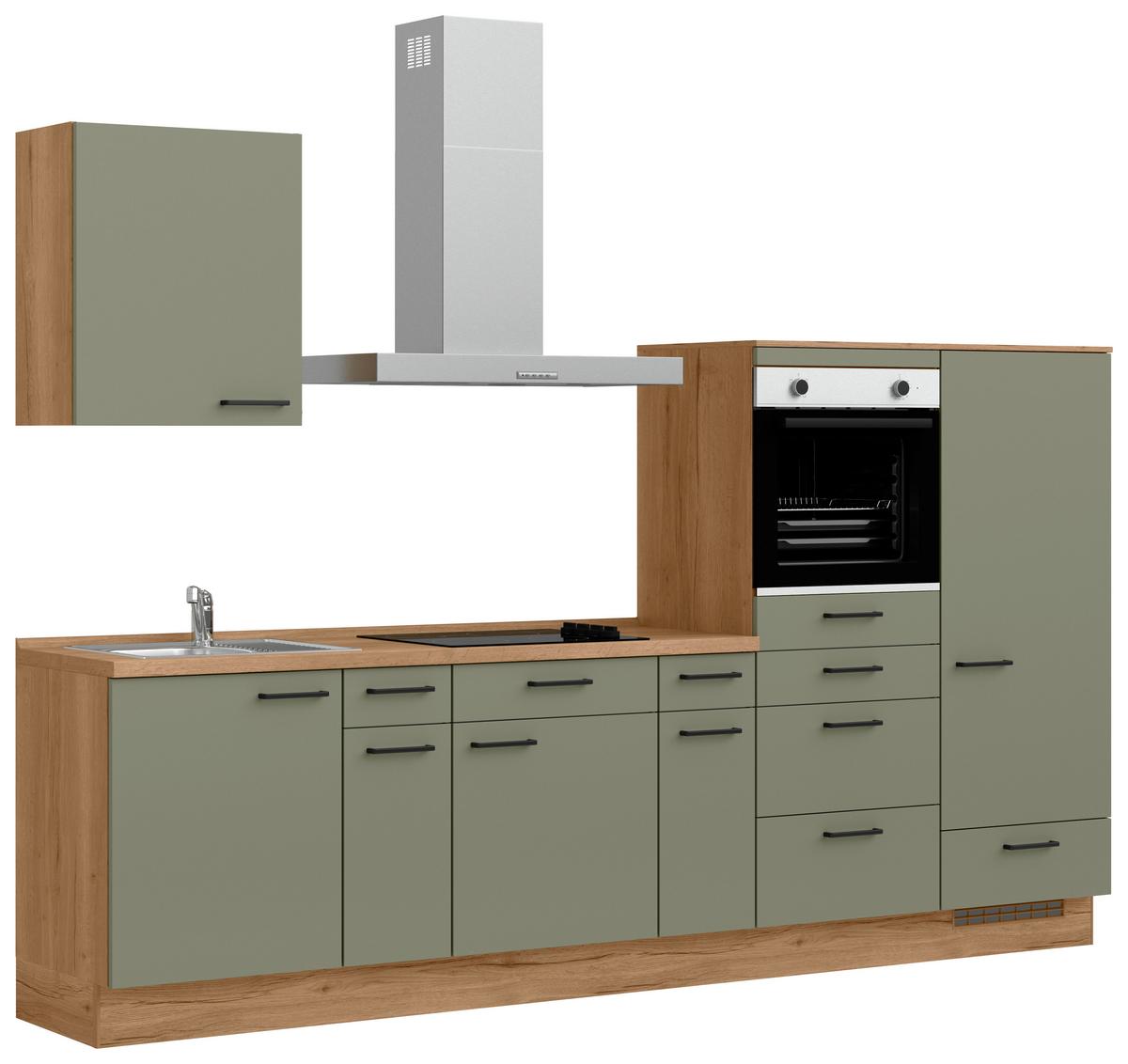 Küchenleerblock Senso Low o. Geräte Olivgrün - Eichefarben/Schwarz, MODERN, Holzwerkstoff/Metall (300cm) - Nobilia