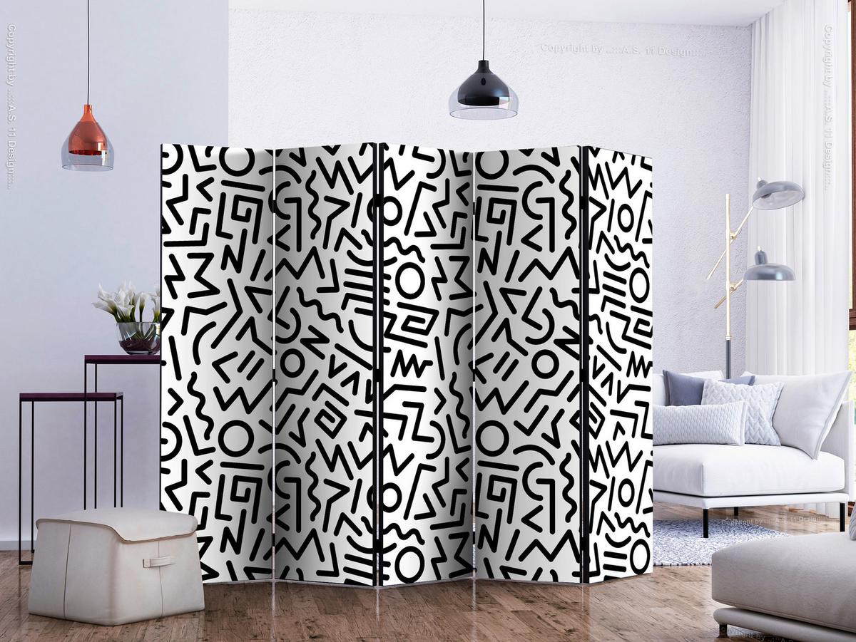 Paravan Black And White Maze I, 5-Delni, Dvostranski - črna/bela, Basics, tekstil/les (225/172/3cm) - artgeist
