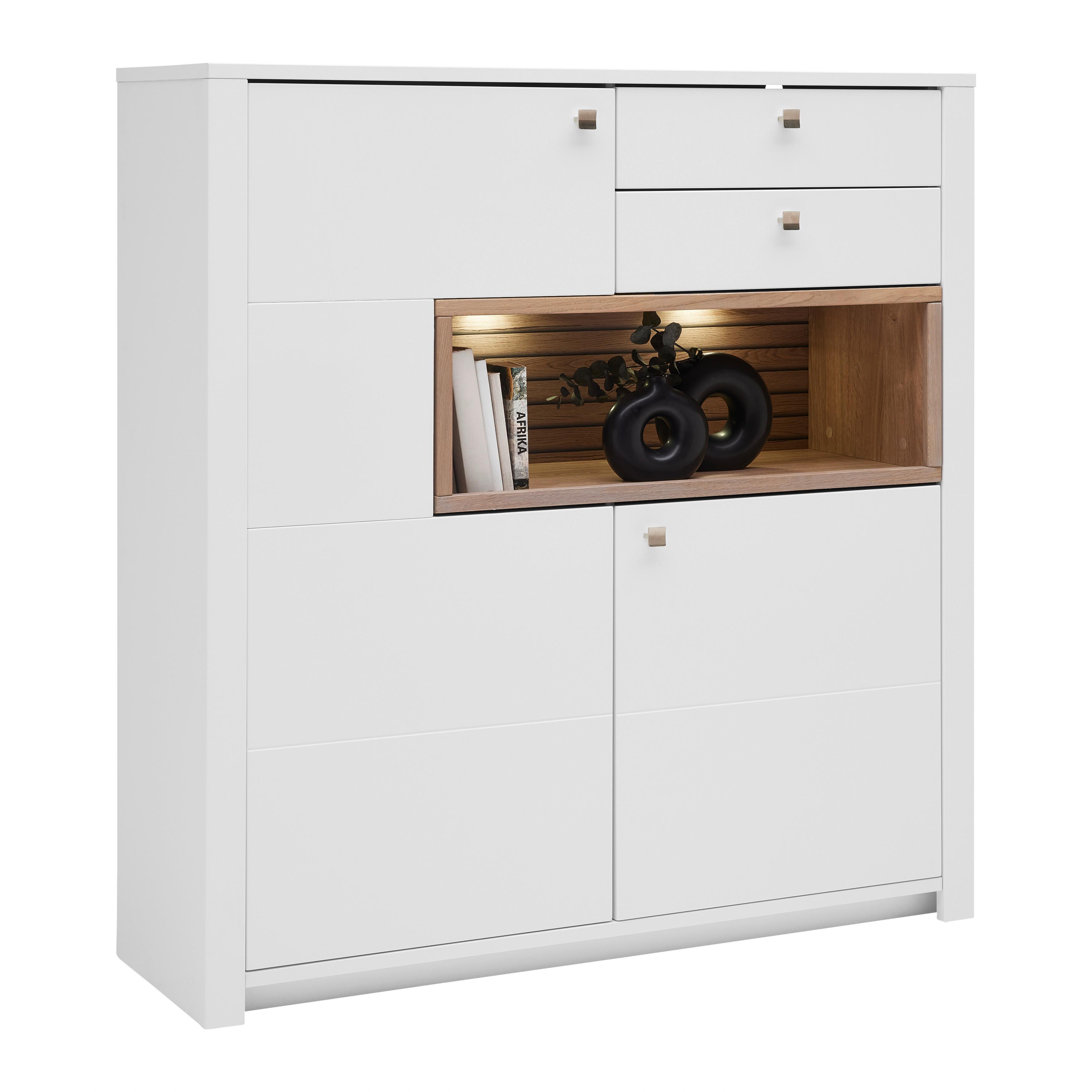 Highboard Whitehouse 10Q8WR22 Weiß/Eichefarben - Edelstahlfarben/Eichefarben, MODERN, Holz/Holzwerkstoff (132/138/41cm) - Premium Living