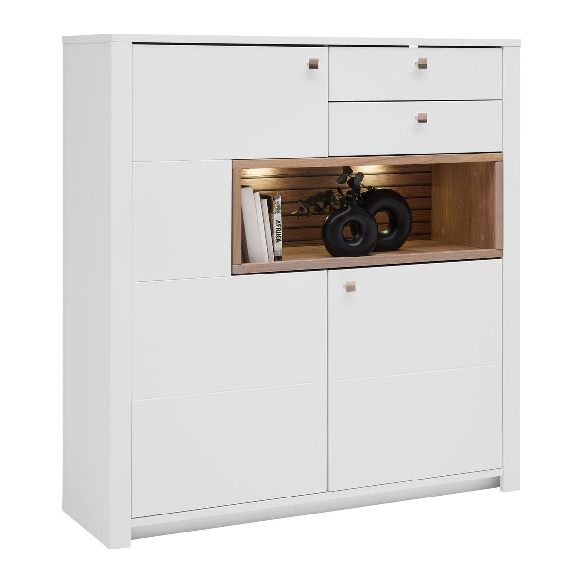 Highboard Whitehouse 10Q8WR22 Weiss/Eichefarben - Weiss/Edelstahlfarben, Modern, Holz/Holzwerkstoff (132/138/41cm) - Premium Living