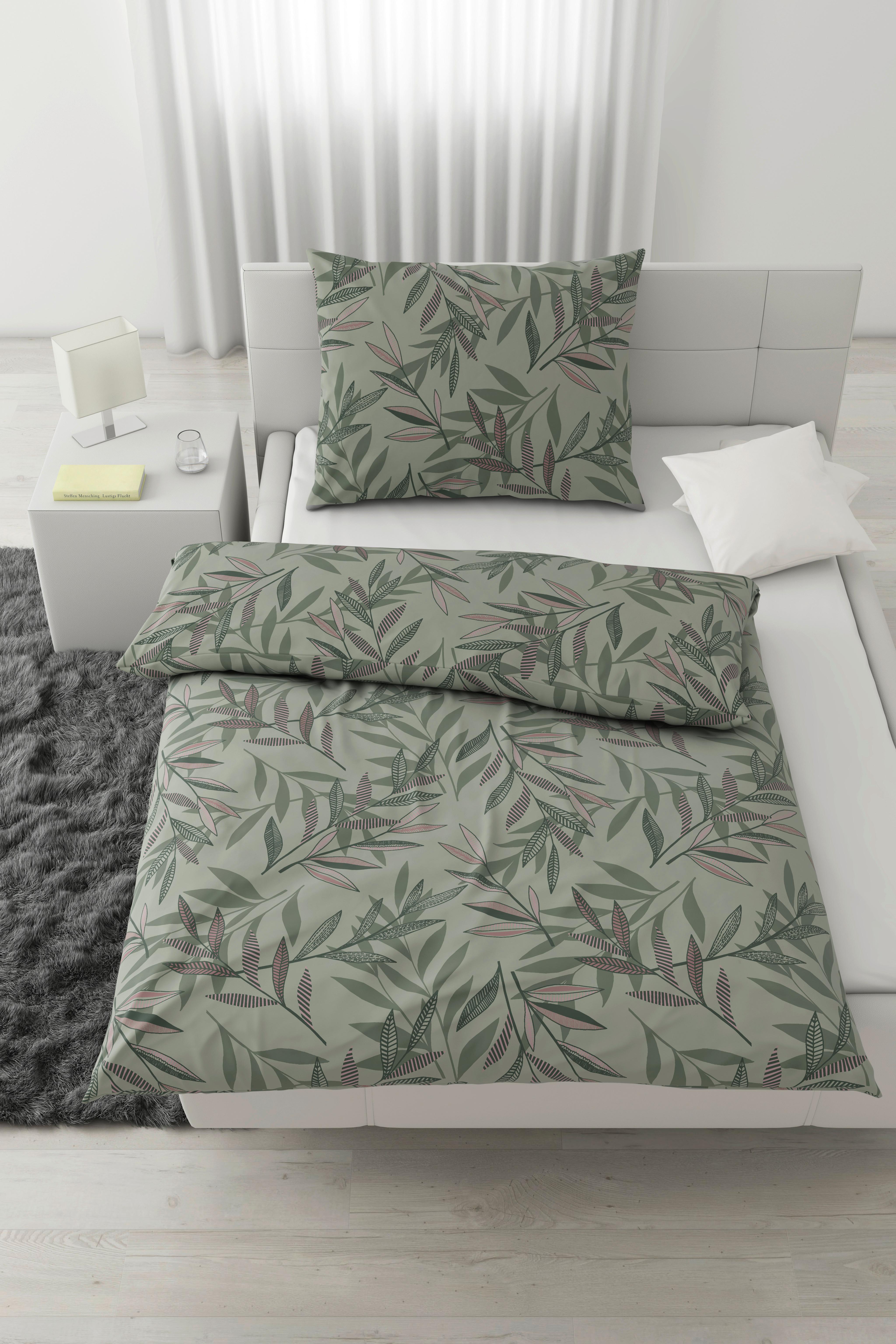 BETTWÄSCHESET STITCHED LEAVES - Mauve/Grün, Textil (160/210cm) - Modern Living
