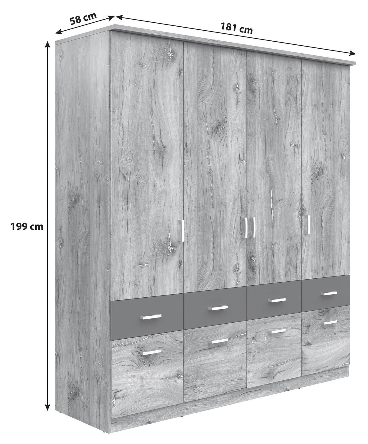 Dulap BRANDO 4 - culoare lemn stejar/grafit, Konventionell, material pe bază de lemn (181/199/58cm)