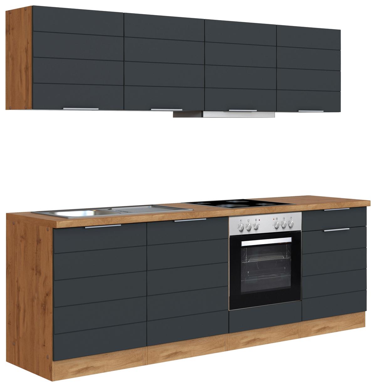 Küchenblock Florenz mit Geräten ca. 240 cm Grau/Eiche - Eiche Wotan/Weiß, Design, Holzwerkstoff/Metall (240cm) - Held