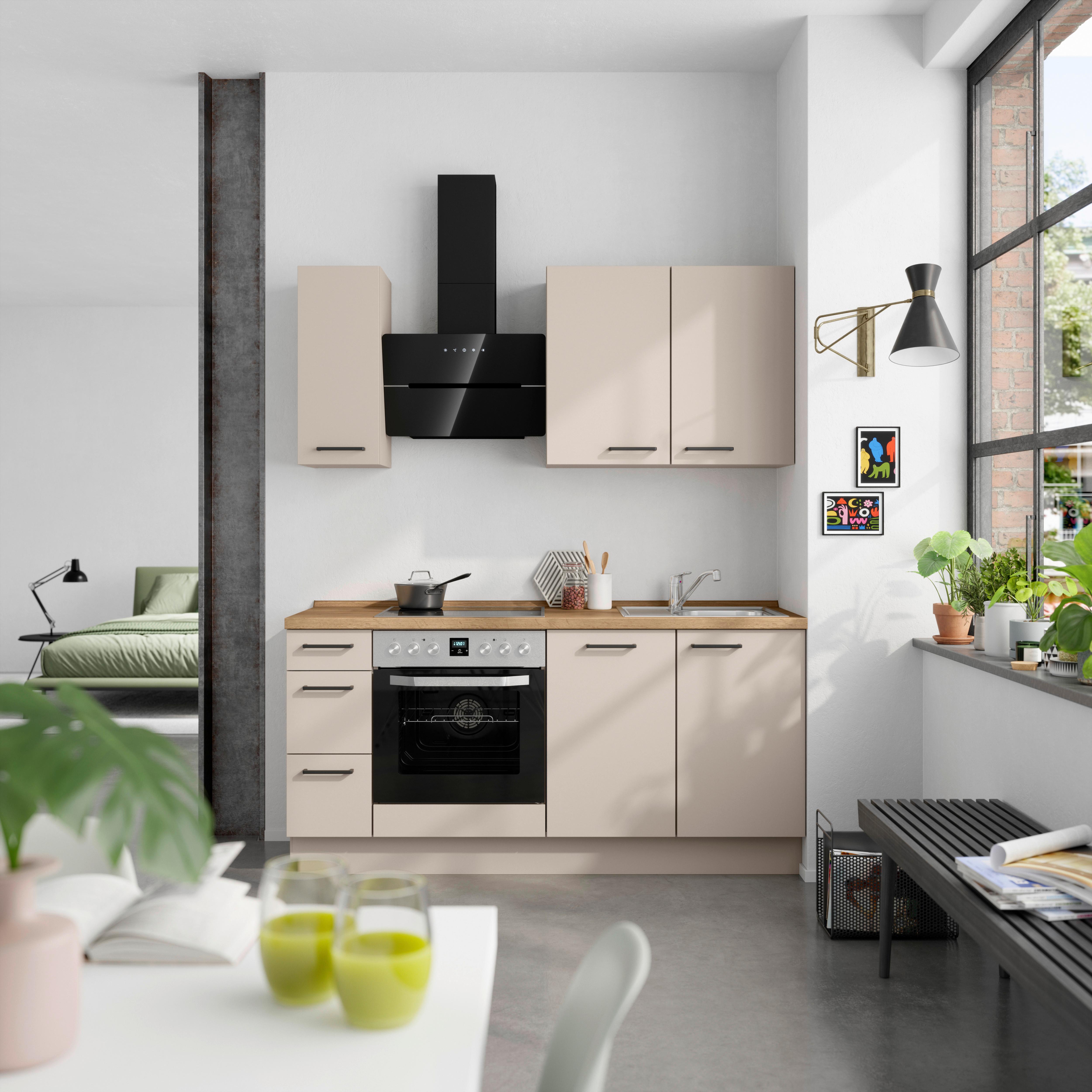 Küchenblock Easytouch High m. Geräten Sandfarben - Sandfarben/Eichefarben, MODERN, Holzwerkstoff/Metall (180cm) - Nobilia