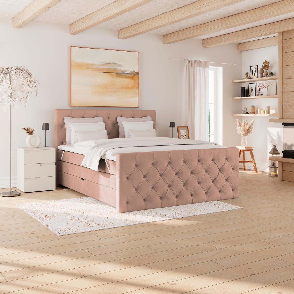 Boxspring Krevet Elio - bež/prljavo ružičasta, Romantično / ladanjski, tekstil/plastika (160/200cm) - Modern Living