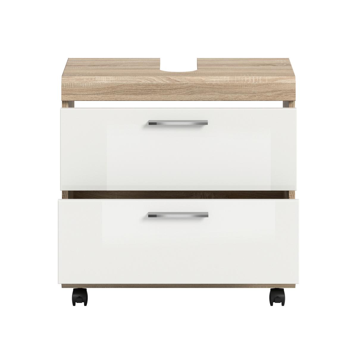 Waschbeckenunterschrank Lambada Weiß HB/Sonoma Eiche - Weiß Hochglanz/Silberfarben, Trend, Holzwerkstoff/Kunststoff (60/60/34cm) - MID.YOU