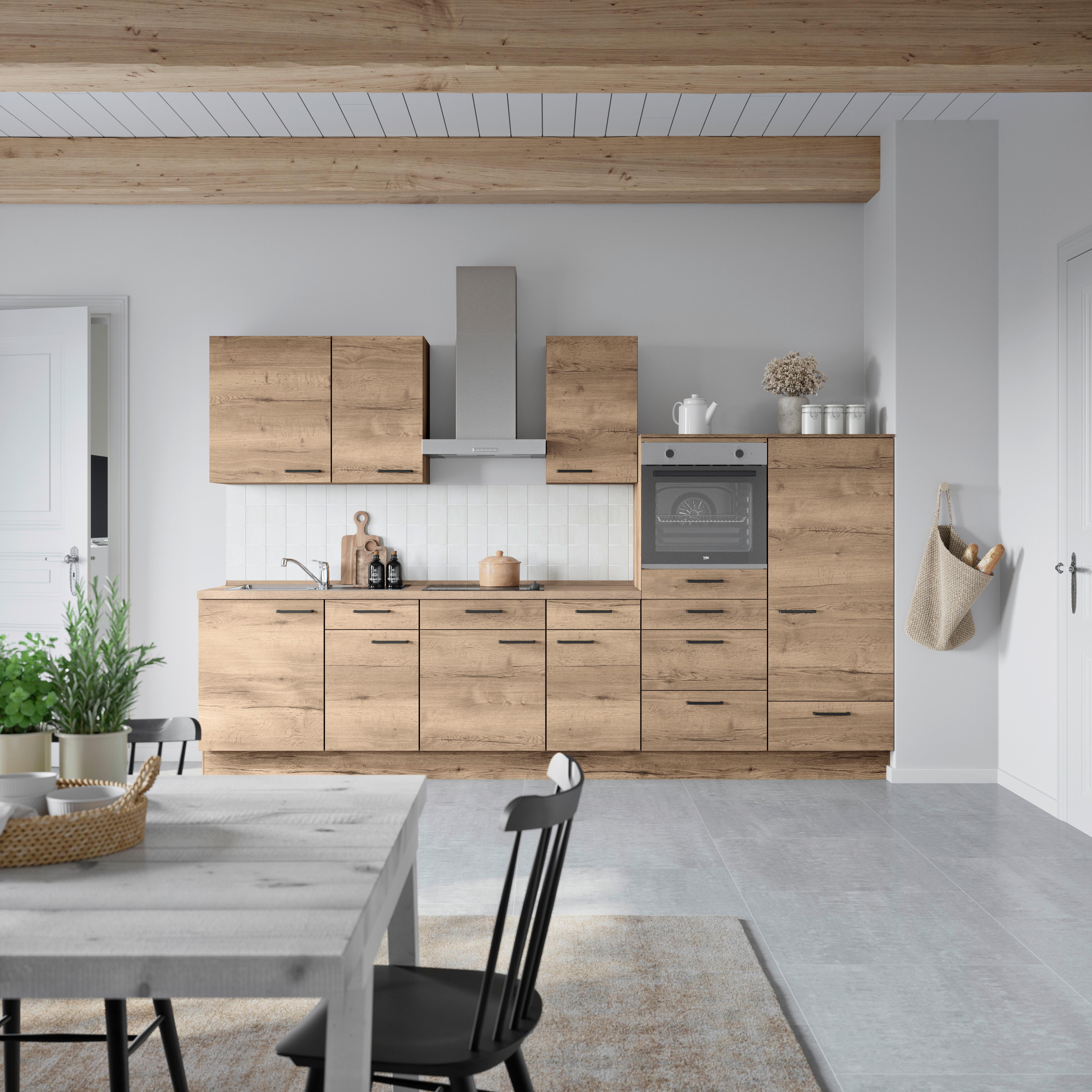 Küchenblock Structura Low m. Geräten Eiche dunkel - Eiche dunkel/Eichefarben, MODERN, Holzwerkstoff/Metall (330cm) - Nobilia