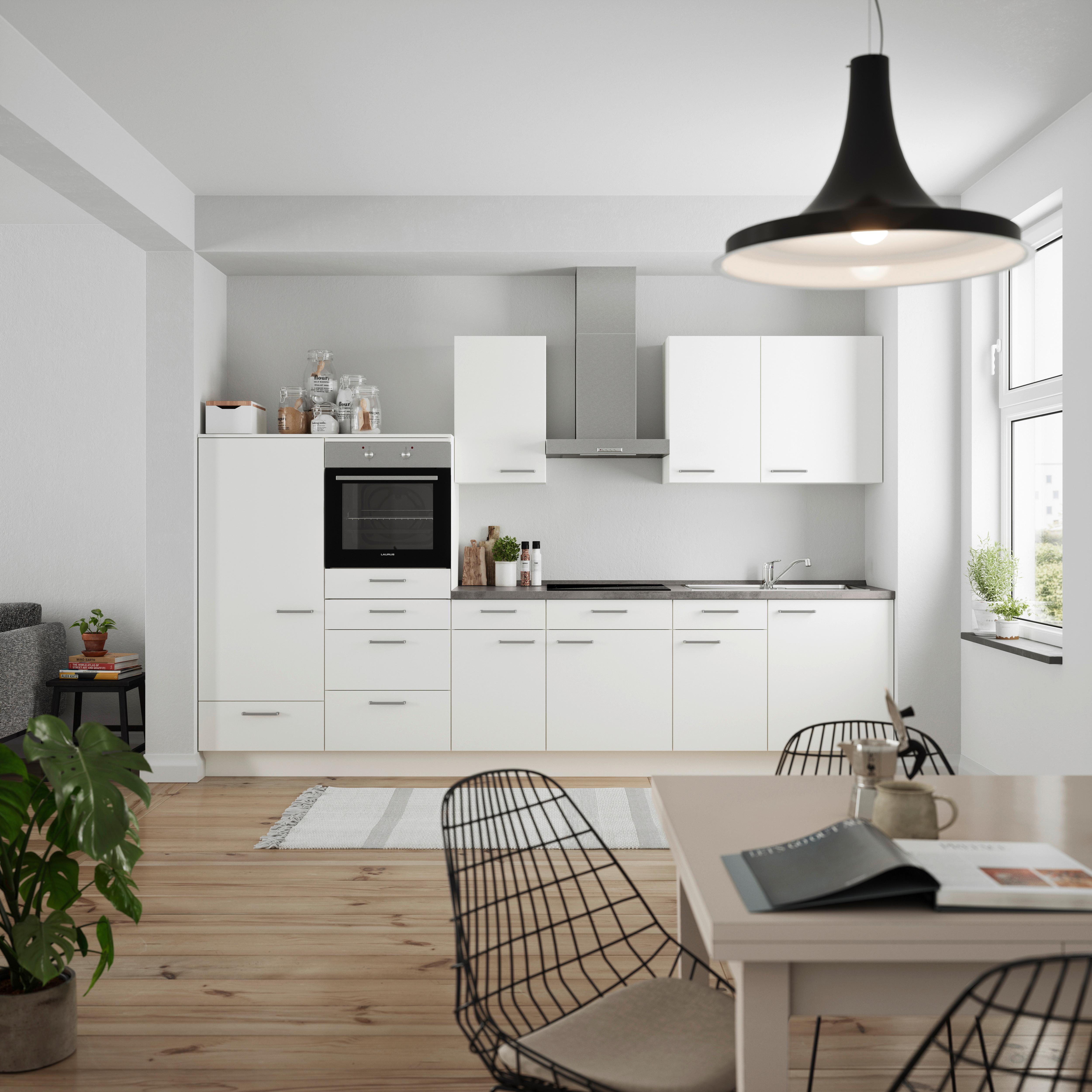 Küchenblock Touch Low m. Geräten Weiß - Schieferfarben/Edelstahlfarben, MODERN, Holzwerkstoff/Metall (330cm) - Nobilia