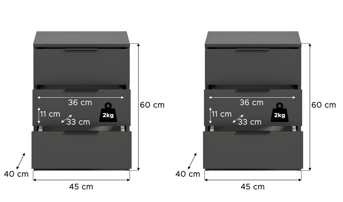 Nachtkästchenset KOPENHAGEN ca.45x60x40cm Anthrazit - Anthrazit/Schwarz, MODERN, Holzwerkstoff/Kunststoff (45/60/40cm) - MID.YOU