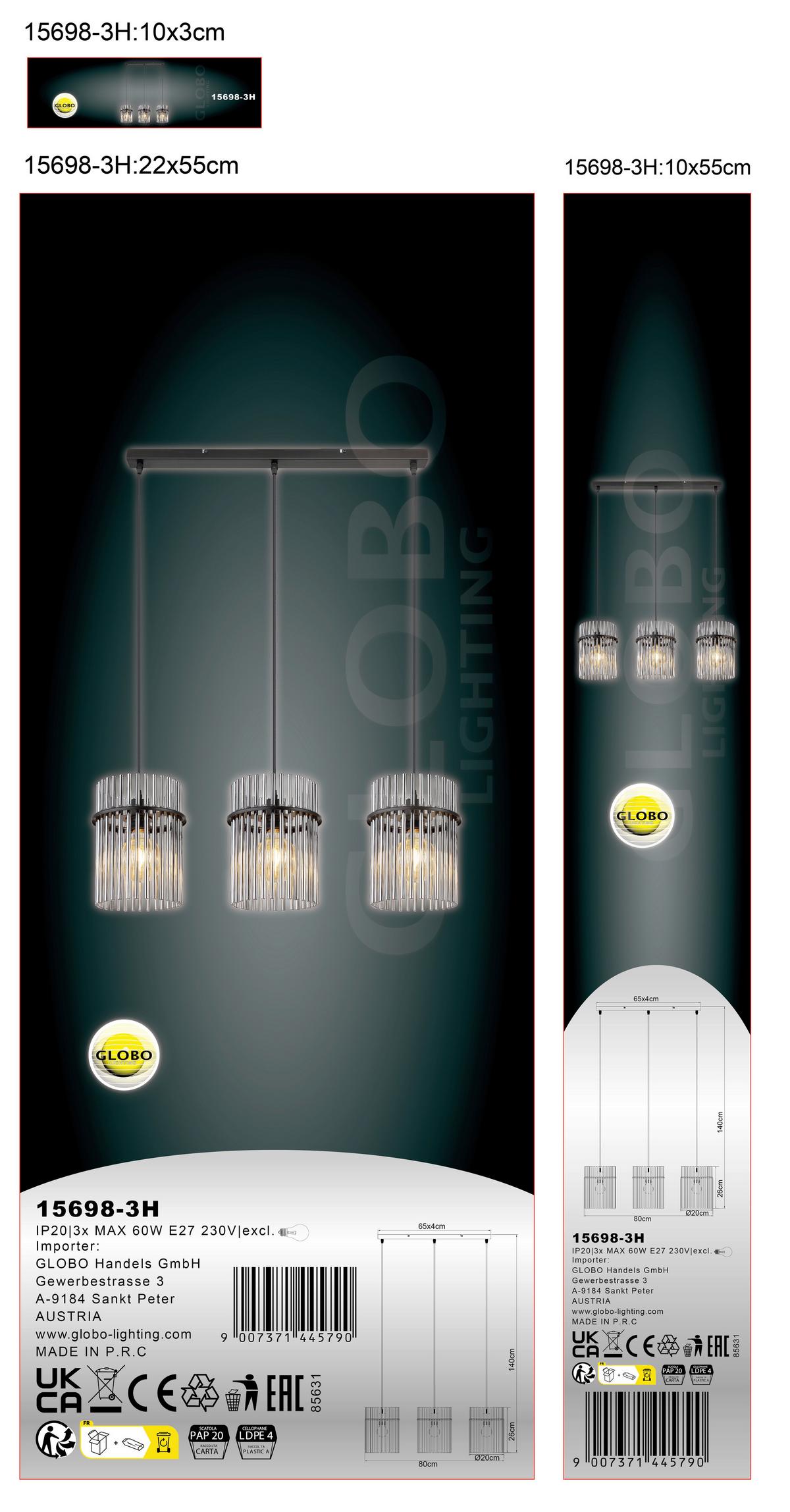 Függőlámpa 15698-3h Gorley - fekete/szürke, Design, műanyag/üveg (80/20/140cm) - Globo