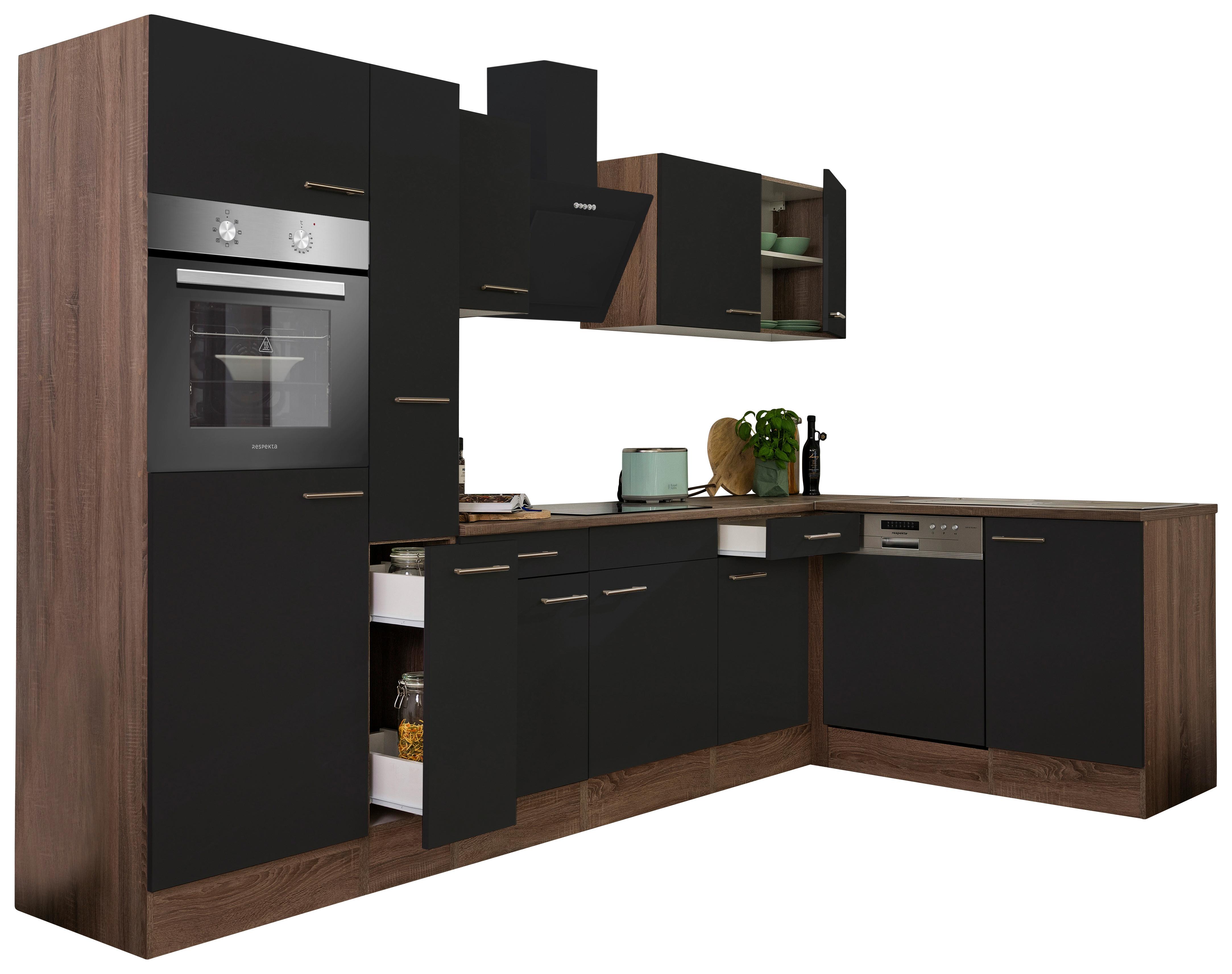 Eckküche Oliver mit Geräten ca. 310x172 cm Schwarz - Eichefarben/Schwarz, Basics, Holzwerkstoff/Metall (310/172cm) - Respekta